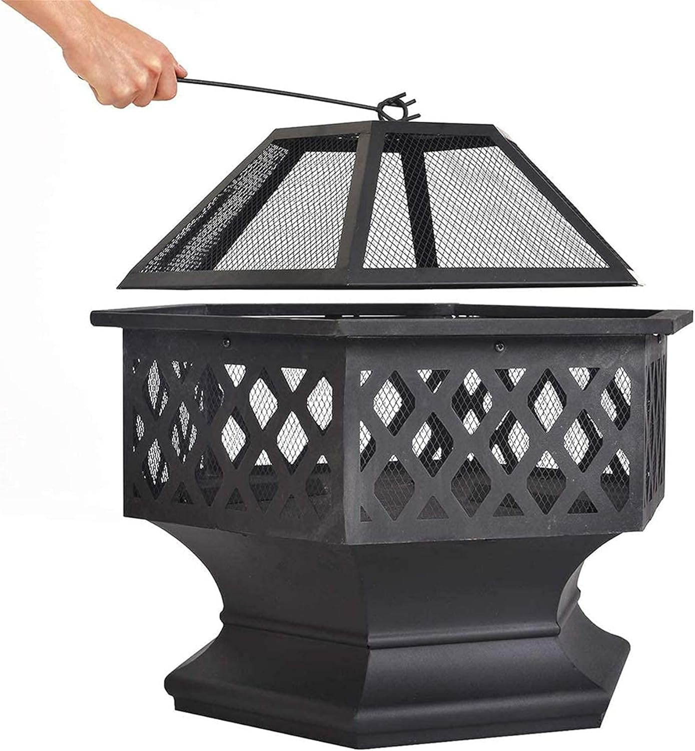 Fire Pit Metal Outdoor Wood Burning Firebowl Fireplace with Spark Screen Retardant Mesh Lid and Poker for Outside Backyard Deck