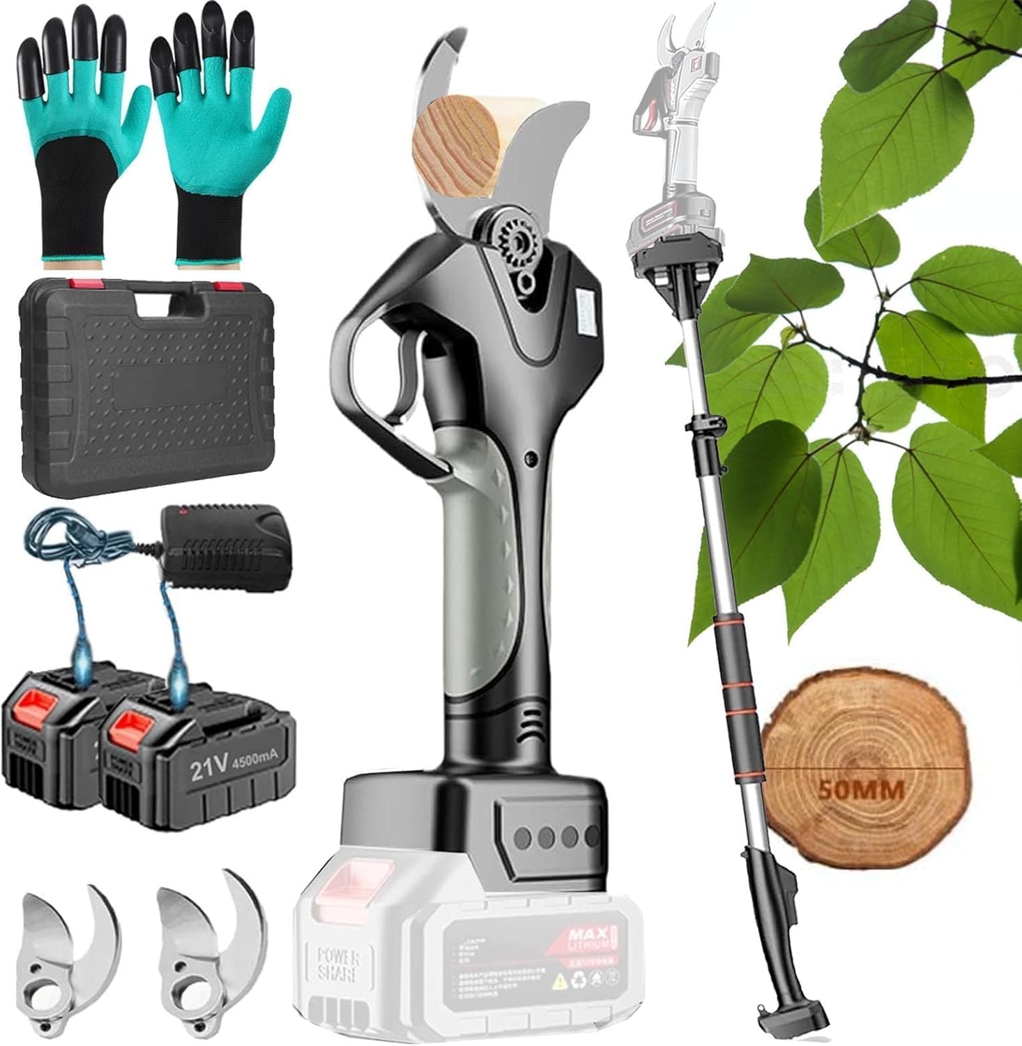Cordless Pole Pruning Shears, Electric Pruning Shears with Pole, 2 x 1.5Ah Battery Powered Pole Pruner for Tree Trimming, Electric Pruner, 7.05ft Reach Cordless Pruner,220V