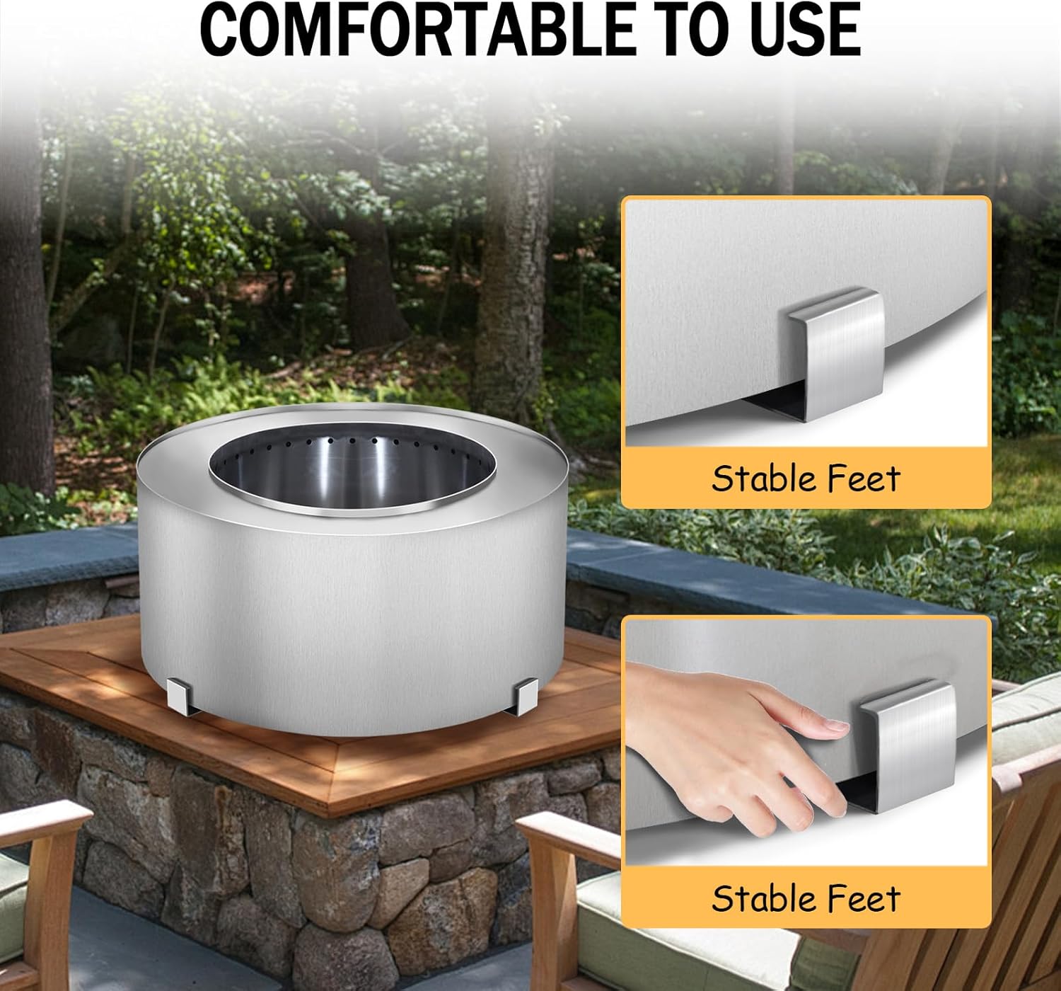 Smokeless Fire Pit, Portable Outdoor Carbon Steel Stove, Picnic Camping Backyard Campfire Pit, Large Wood Burning Fire Pit Stainless Steel Silver, 28.5 Inch
