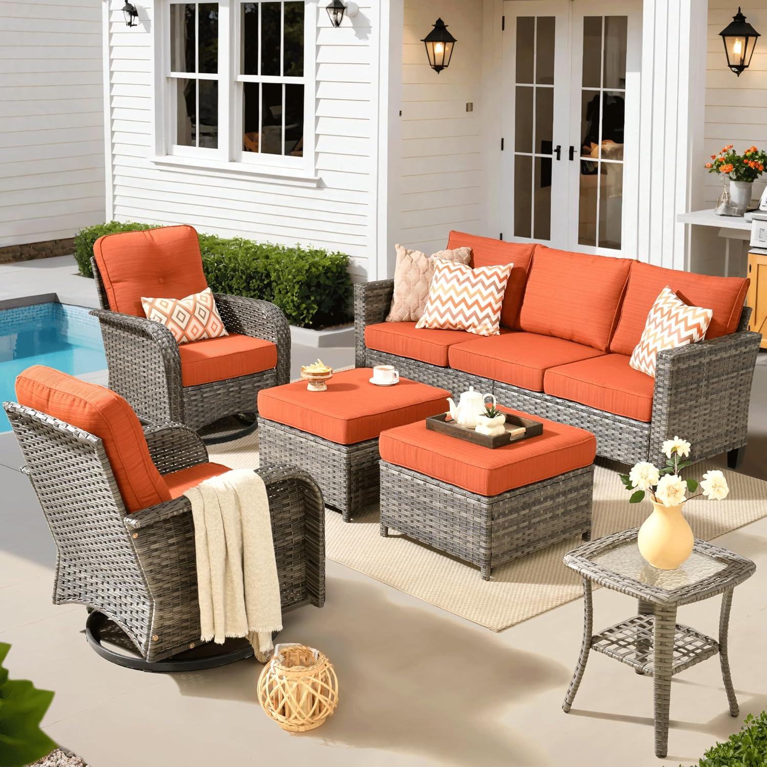 ovios 6 Pieces Patio Furniture Set, Outdoor Wicker Sofa Couch with Rocking Swivel Chairs Comfy Cushions, Modern Deep Seat Rattan Conversation Sets for Porch Deck, Orange Red