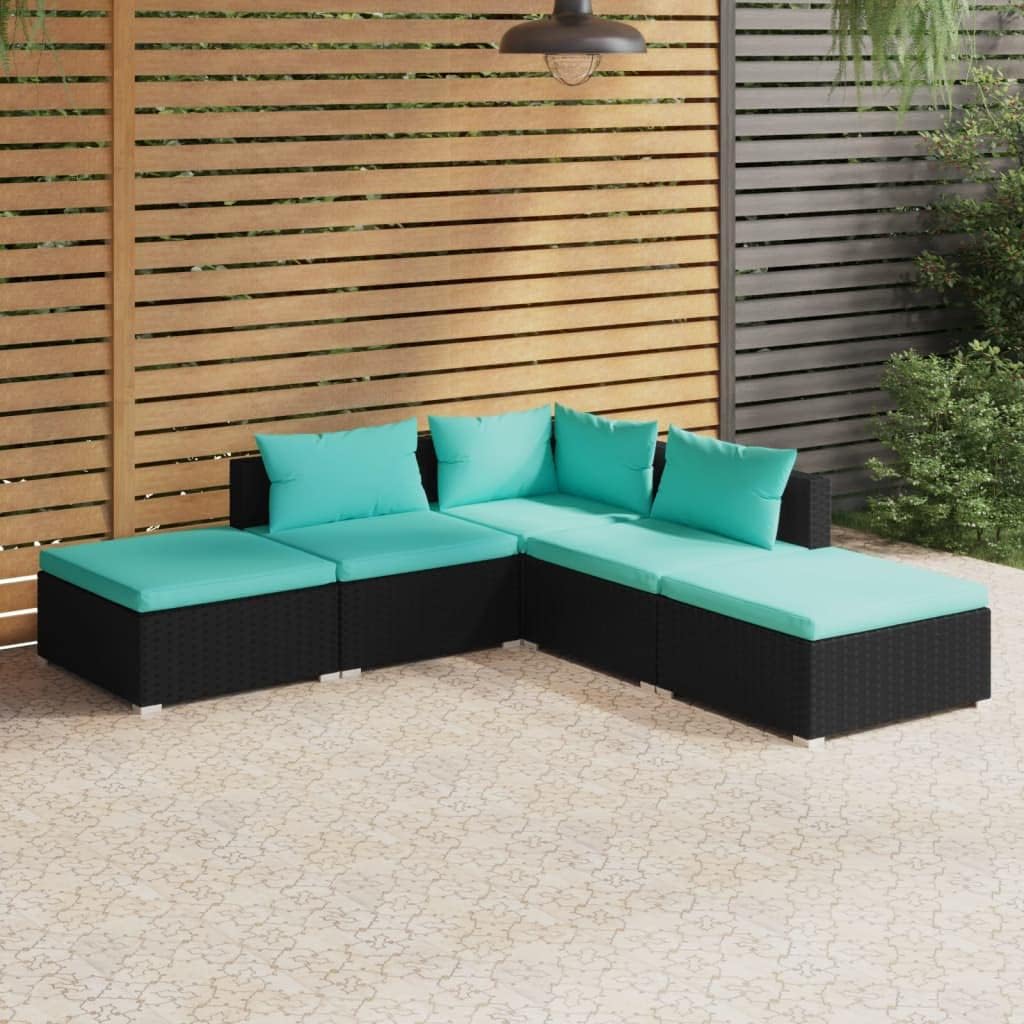 5 Piece Patio Lounge Set with Cushions Poly Rattan Black,Modular Rattan Patio Lounge Set with Comfortable Cushions for Outdoor Leisure Patio Furniture, Outdoor Furniture Sets