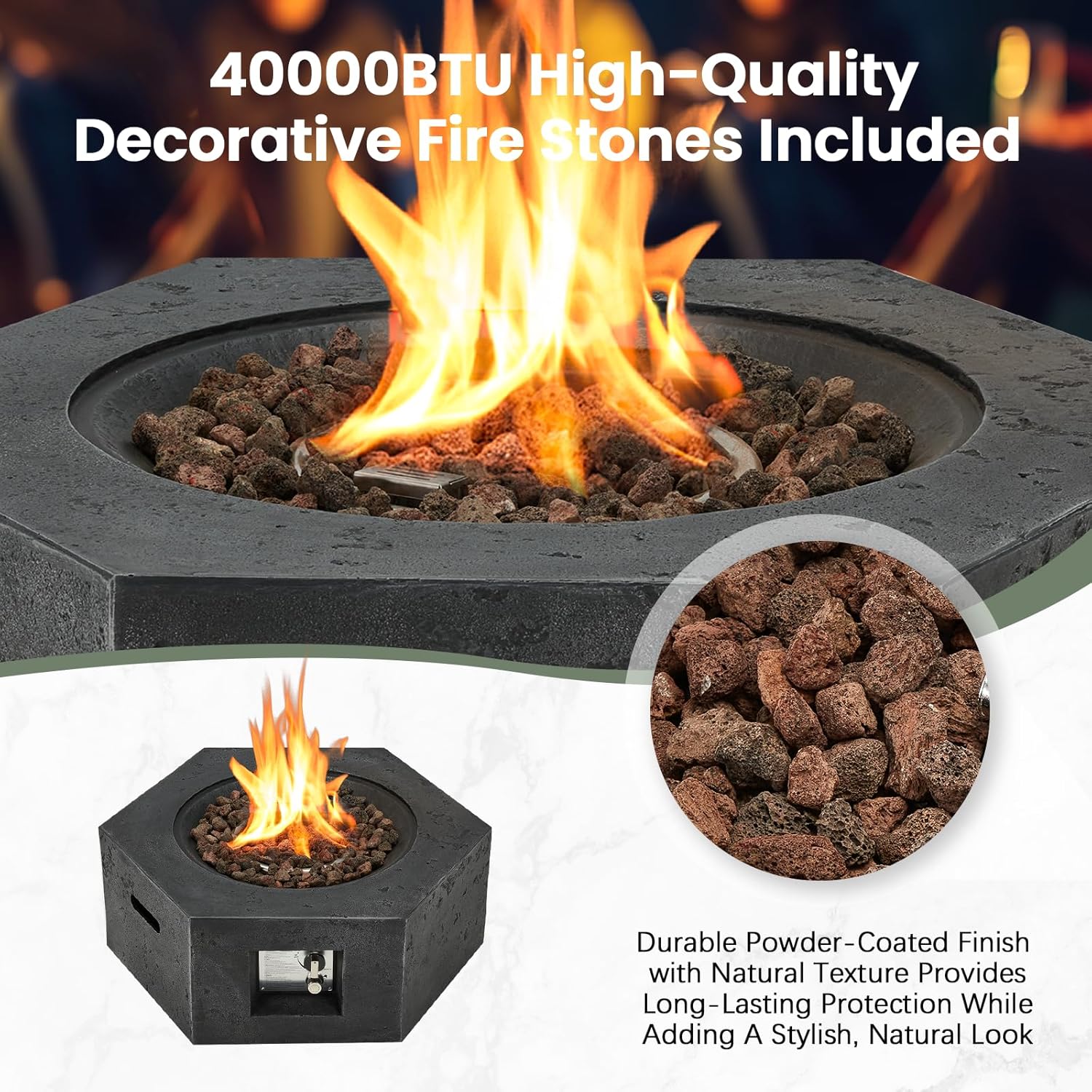 ECOTOUGE 2-Piece Propane Fire Pit, Outdoor Gas Fire Pit Table w/Tank Cover, 30''Auto-Ignition Steel Fire Table, 50,000 BTU Hexagon Concrete Fire Pit w/Weather-Resistant Pit Cover, Lava Rocks, Black