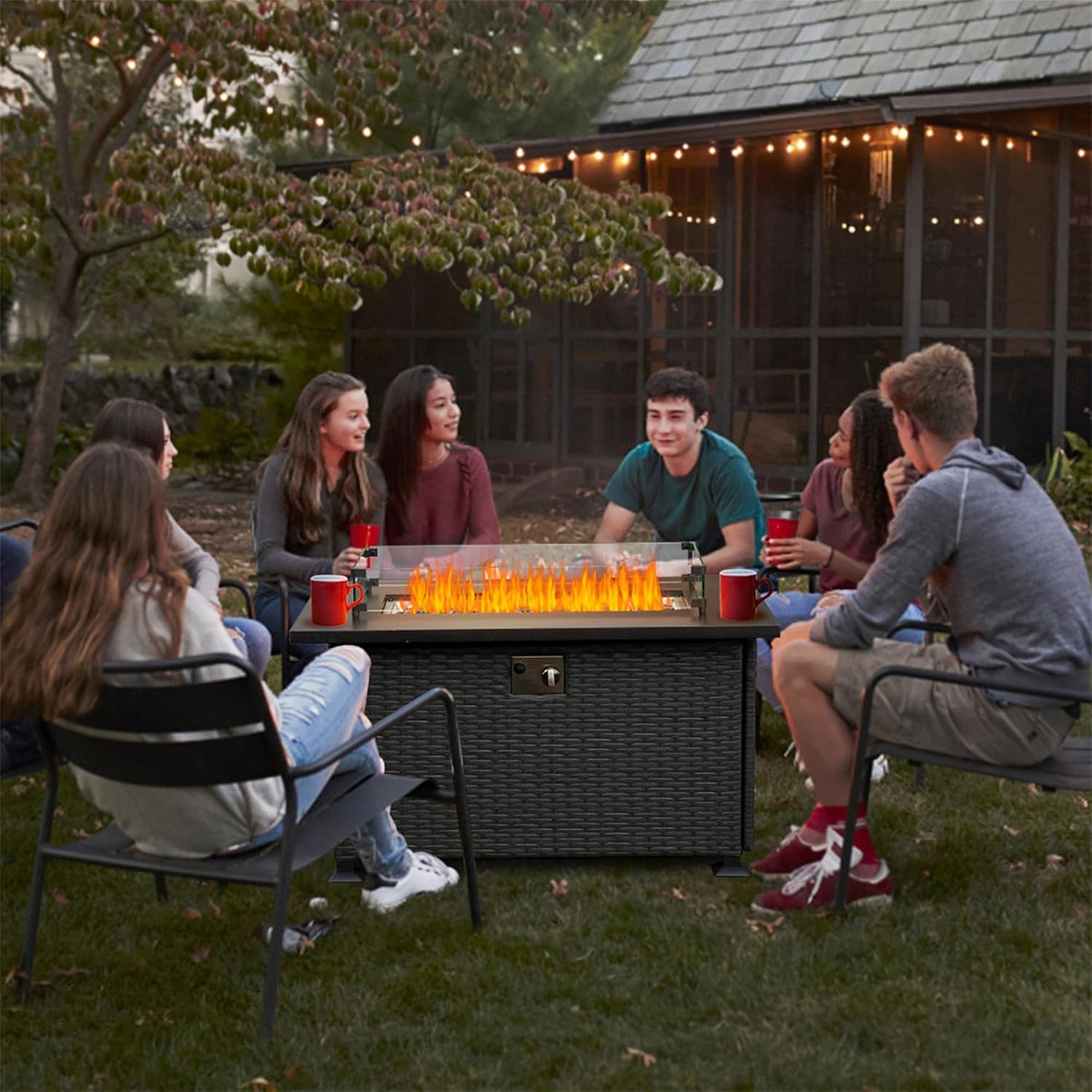 Outdoor Fire Pit Table 43.3 Inch with Glass Wind Guard Lid Fire Glass Beads, 50,000 BTU Smokeless Fire Pits for Outside,Outdoor Wicker Propane Gas Fire Pits for Patio (Dark Gray)