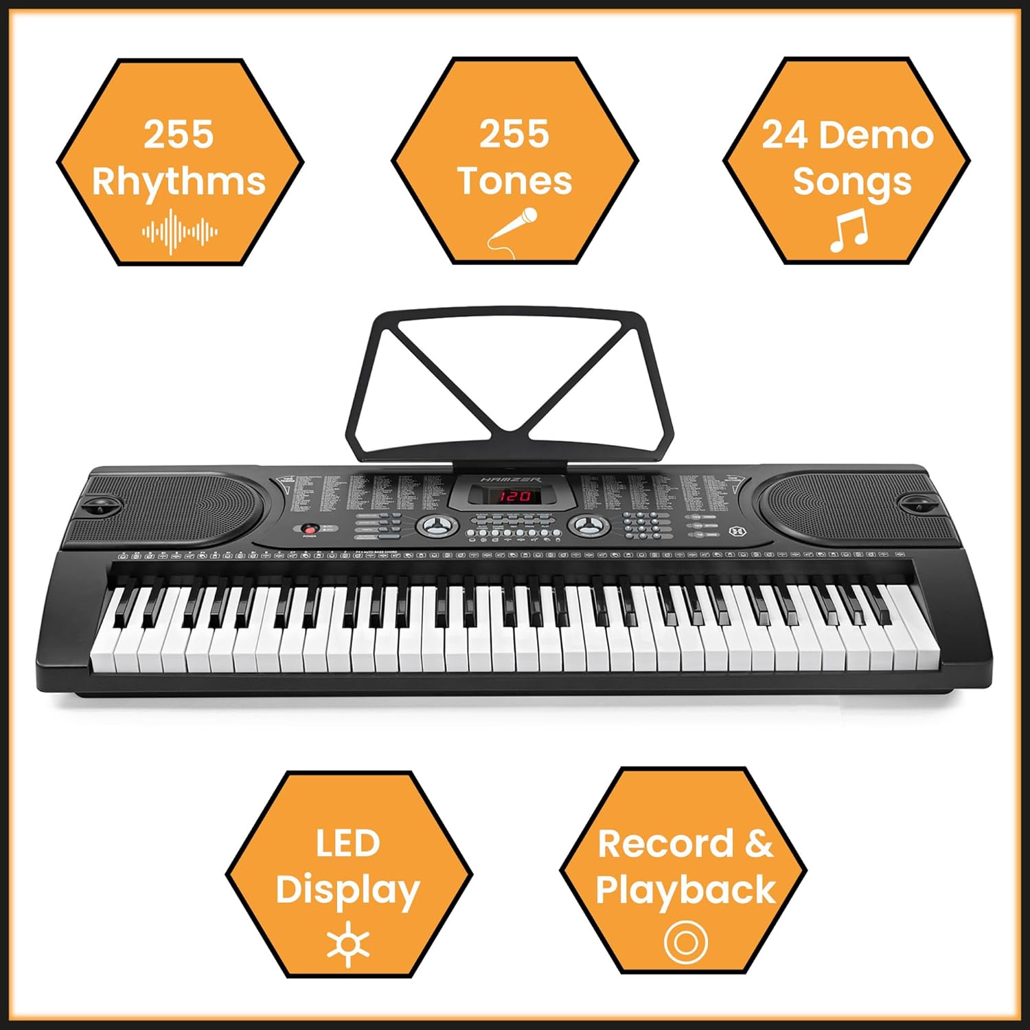 Hamzer 61 Key Digital Keyboard Piano with Stand & Bench, Beginner Electric Piano Keyboard Kit with Speakers, Headphones, Microphone, Keynote Stickers
