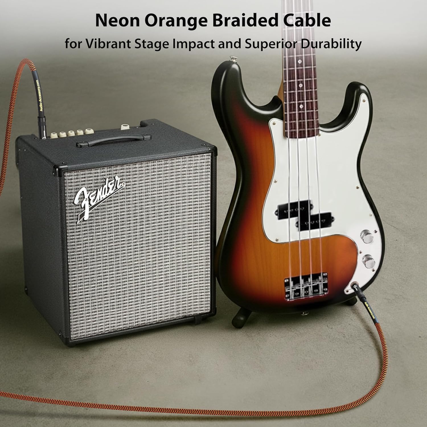 Pro Bass Guitar Cable 50 ft, Gold-Plated Neutrik REAN Connector, 18 AWG OFC, Braided 1/4 Inch Instrument Cable for Fender Electric Bass Guitar Combo Amp Rumble Marshall, Neon Orange/Black
