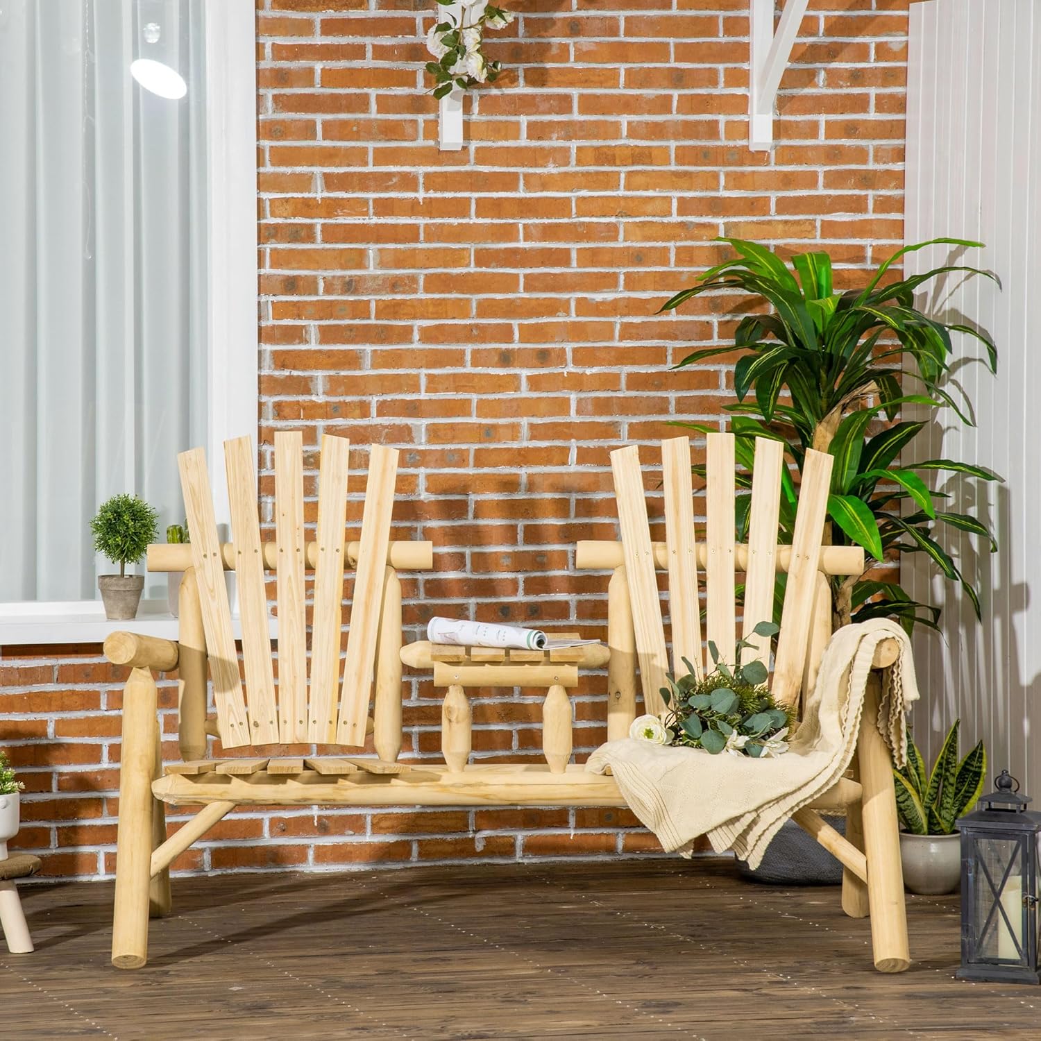 Natural Wood Double Adirondack Chair with Table - Outdoor Patio Bench for Fire Pit, Porch, Backyard & Deck