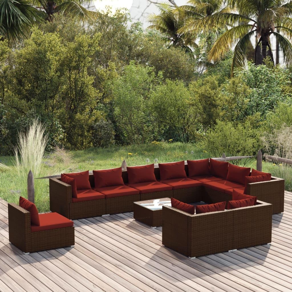 11 Piece Patio Lounge Set with Cushions Poly Rattan Brown,Cozy and Durable Patio Lounge Set: for Relaxation and Gatherings Patio Furniture, Outdoor Furniture Sets