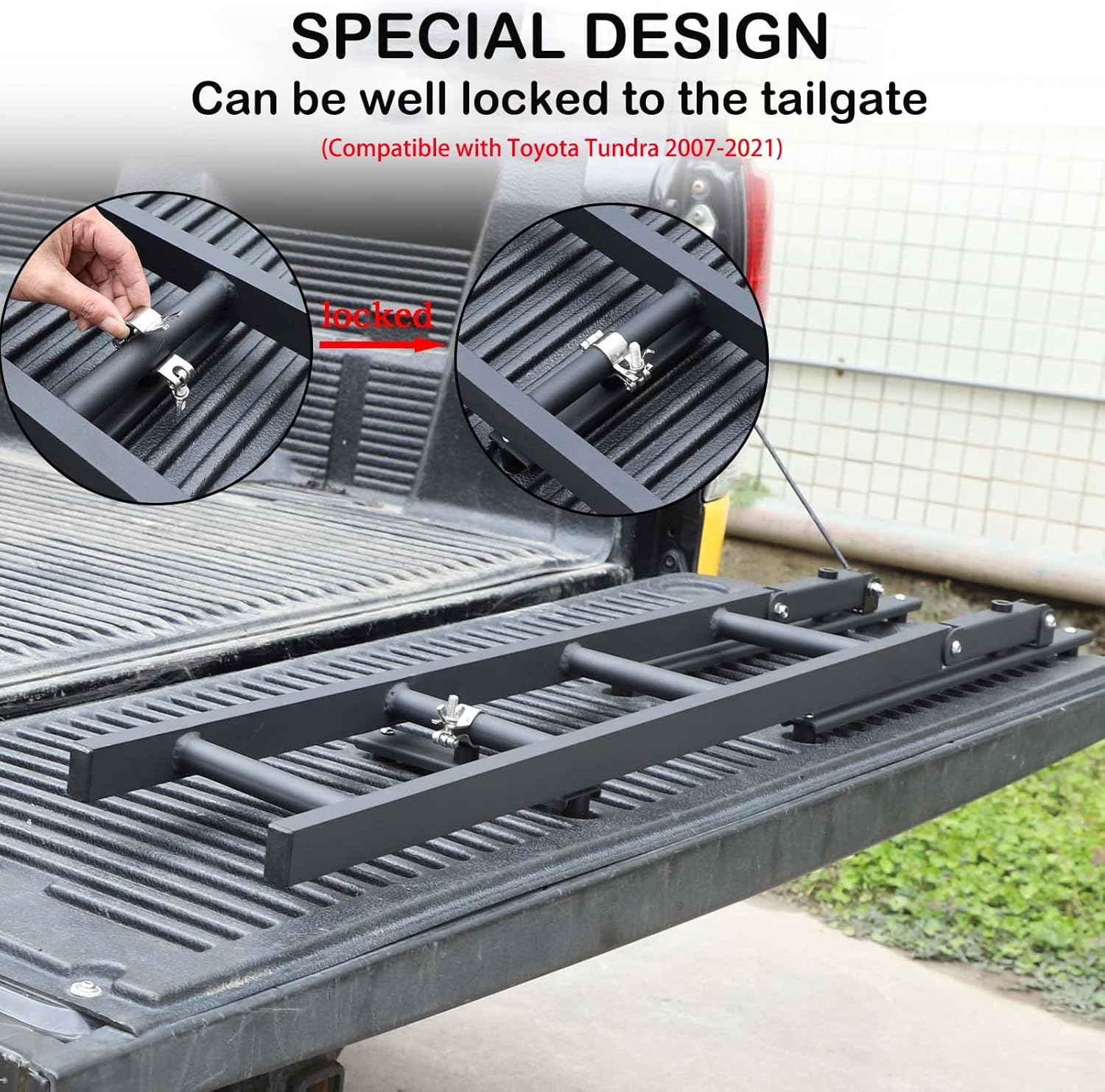 Aunginsy Pickup Truck Tailgate Ladder Compatible with Toyota Tundra 2007-2021 Car Aluminium Alloy Tailgate Step Ladder Kit Rear Ladder Tail Door Ladder Climbing Foldable Tailgate Ladder Accessories