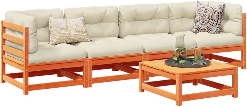 5 Piece Patio Sofa Set with Cushions Wax Brown Solid Wood Pine,Solid Pinewood Outdoor Sofa Set Modular Seating for Backyard, Patio, Terrace Patio Furniture Sets