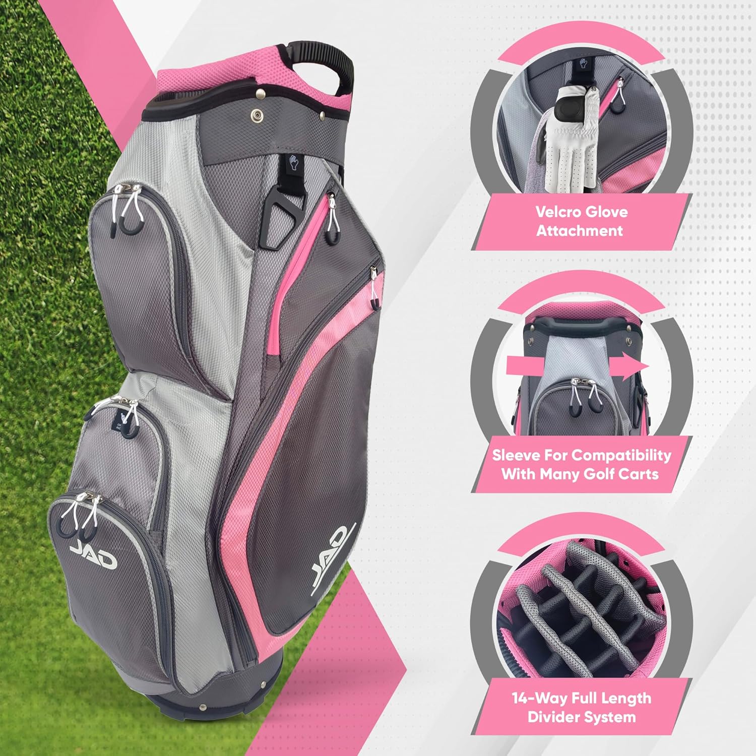 JAD Lightweight Womens Golf Bag, Golf Cart Bag with Dual Handles for Women/Ladies, 14-Way Full-Length Top Dividers, Large Putter Well, Ultra Lightweight, Large Pockets for Accessories