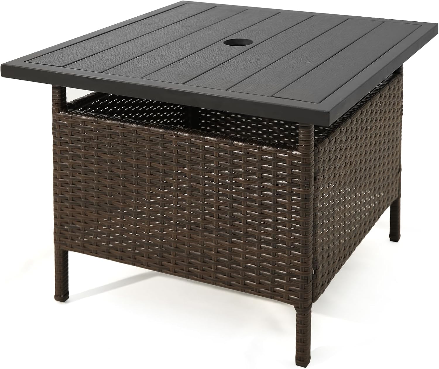 Tangkula Outdoor Wicker Table, Rattan Coffee Table with Umbrella Insert Hole, HDPE Tabletop & Sturdy Metal Frame, Patio Umbrella Side Table Stand for Backyard, Garden, Poolside