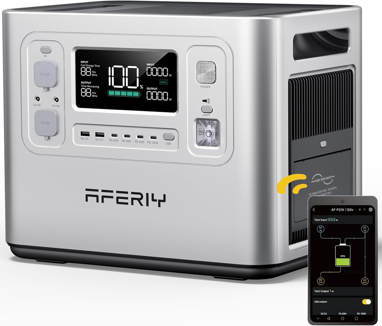 AFERIY P210 Portable Power Station 2400W (4800W Peak),2048Wh LiFePO4 Battery Generator with 1100W AC Charging & 500W Solar Charging,for Home Backup,Outdoor Camping, RVs, Emergencies, Power Outages