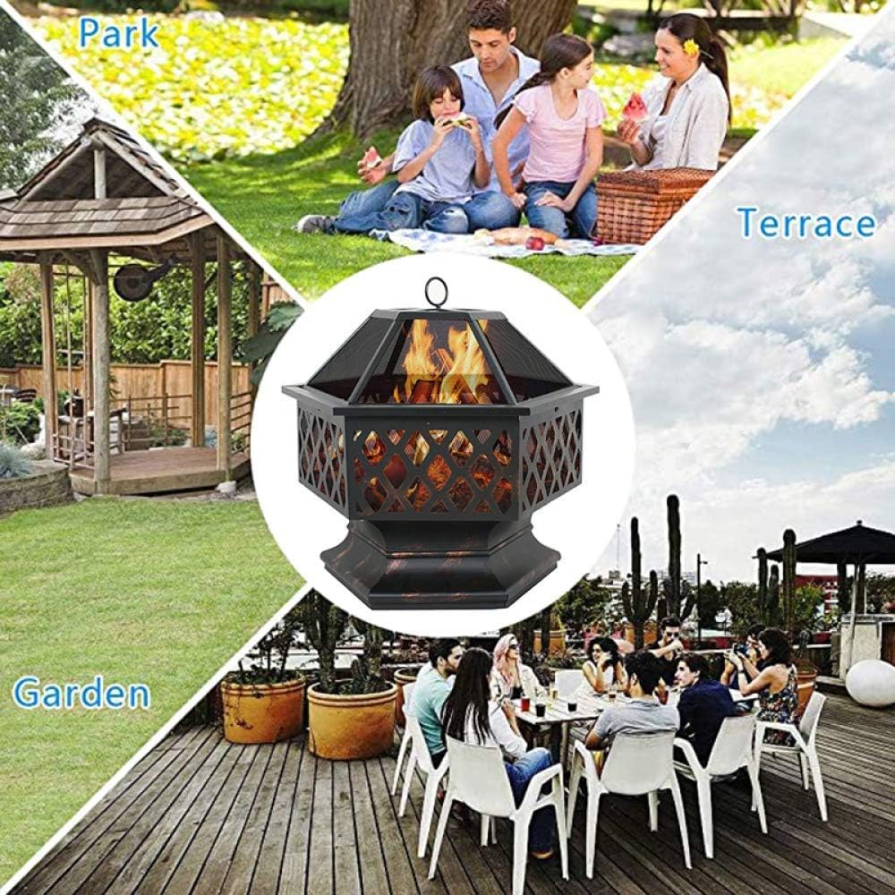 Hexagon Design Portable Metal Fireplace Stove with Mesh Cover for Fireplace Wood Stove for Picnic Bonfire Patio Patio