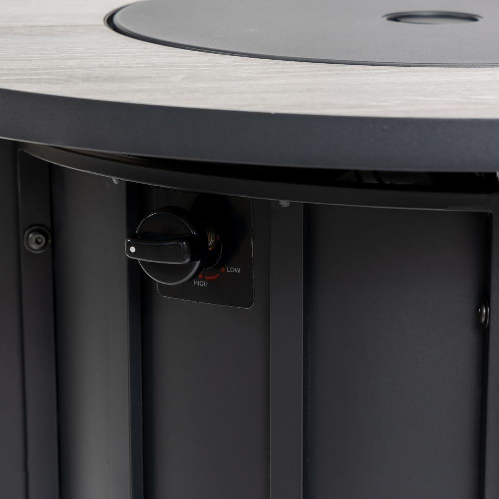 30 Inch Round Propane Fire Pit Table with Wood Grain Ceramic Top and Stainless Steel Burner for Patio, Backyard, Garden