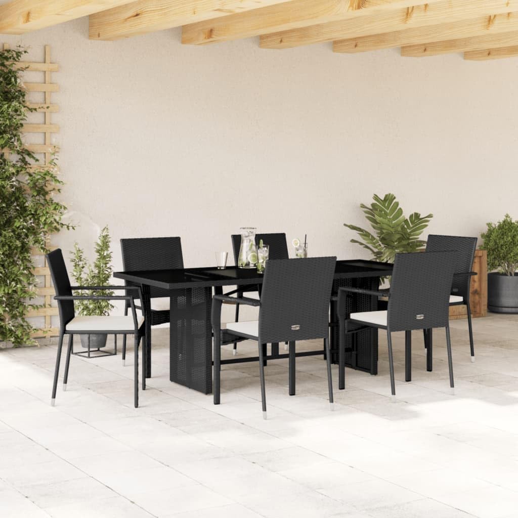 7 Piece Patio Dining Set with Cushions Black Poly Rattan,Versatile Outdoor Dining Set: Rattan Table & Chairs for Garden, Patio, and Backyard Furniture Sets for Patio, Lawn & Garden