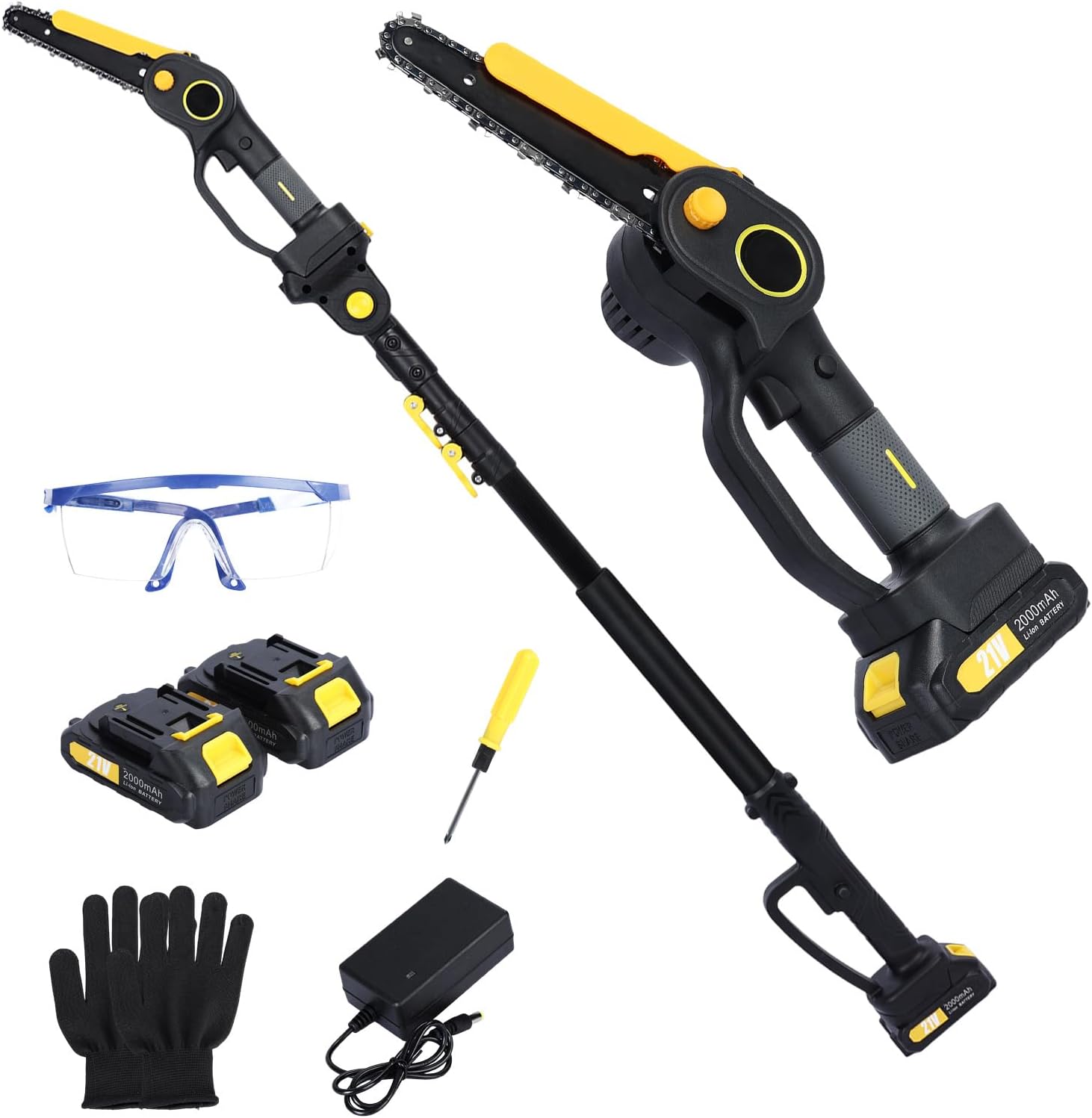 hatleues 2-in-1 Cordless Pole Saw & Mini Chainsaw, 20V Brushless Electric Chainsaw with 2 x 2.0Ah Batteries, 4.9-7.5ft Adjustable Pole for Tree Trimming, Pruning, and Cutting (Yellow)