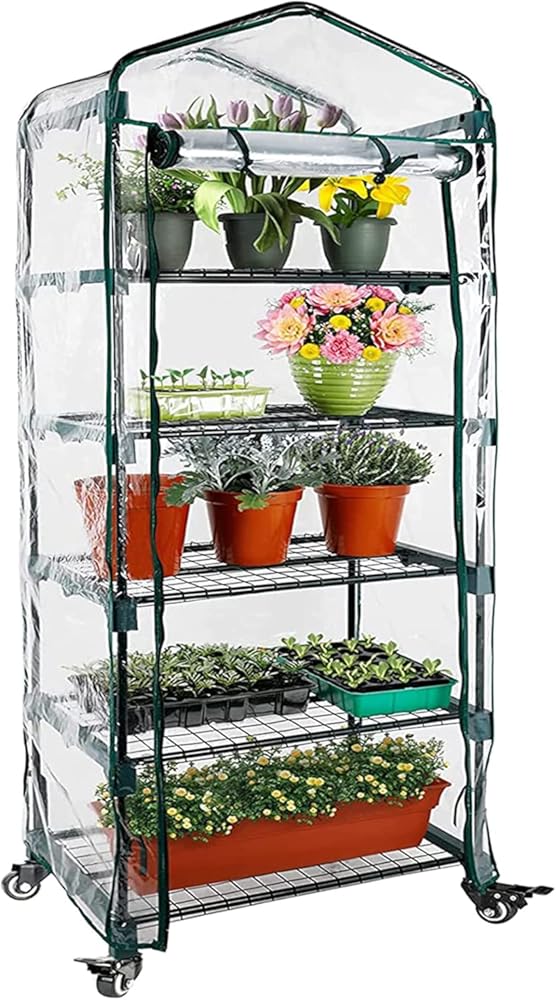 Worth Garden Upgraded 5-Tier Mini Greenhouse with Castors Wheels - Portable Small Gardening Green House with PVC Cover - Heavy Duty Swivel Castors with Brakes - 76''H x 27''L x 19''W Indoor & Outdoor