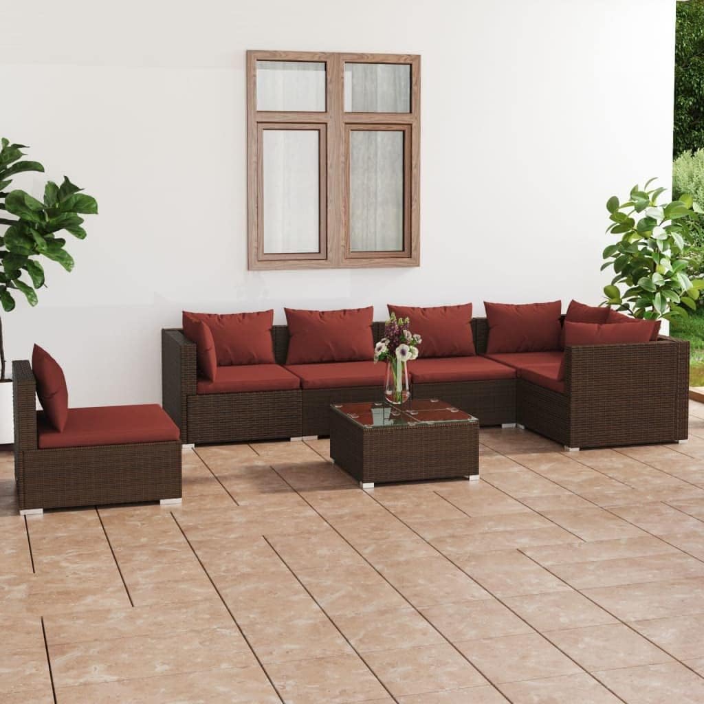 7 Piece Patio Lounge Set with Cushions Poly Rattan Brown,Modern Patio Lounge Set with Modular Design and Comfortable Cushions for Outdoor Living Outdoor Furniture Sets, Patio Furniture