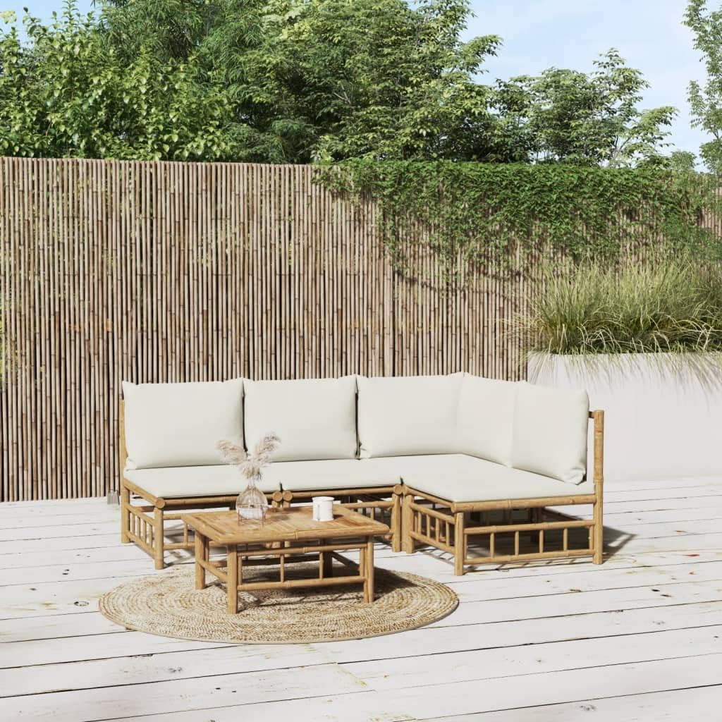 5 Piece Patio Lounge Set with Cream White Cushions Bamboo,Versatile Bamboo Patio Lounge Set: Comfort and Style for Your Outdoor, Patio Furniture Sets, Outdoor Furniture Sets
