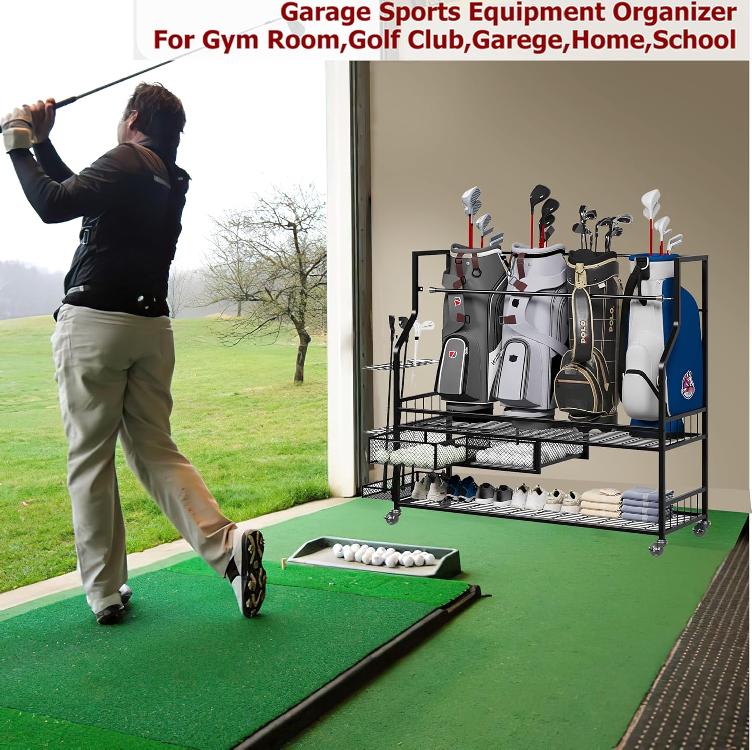 Golf Bags Storage Garage Organizer,Golf Bag Stand for 4 Golf Bags, Clubs, Balls, Golf Equipment Accessories, Golf Bag Storage Rack with Wheels