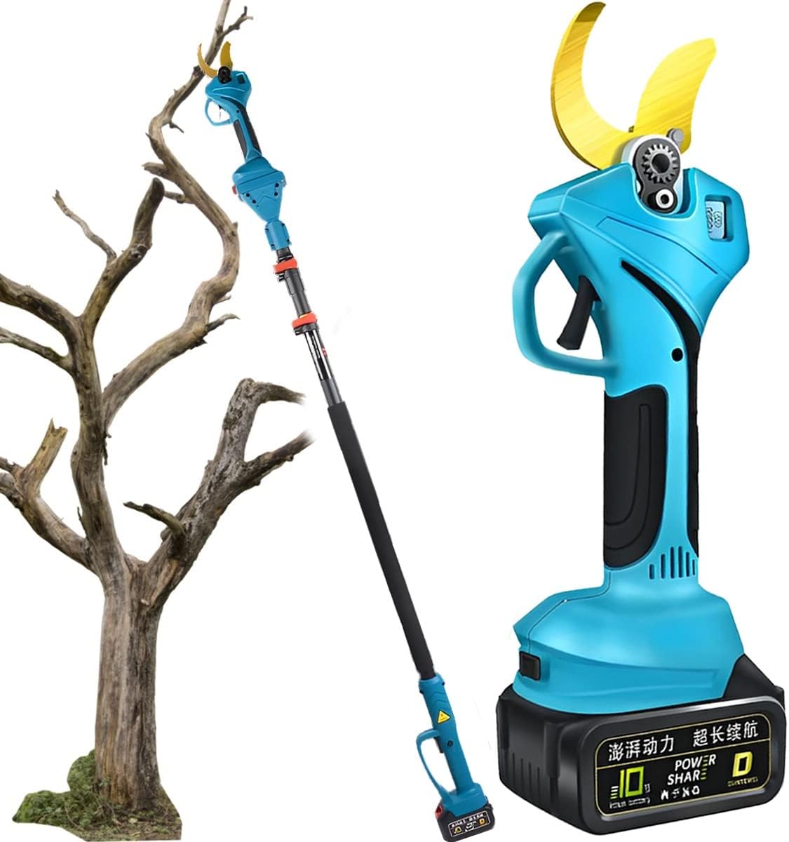 Electric Pruning Shears Cordless, Power Pruner with Extension Pole, 2 Rechargeable Battery, 40mm Cutting Diameter, Tree Branch Scissors for Garden Pruning and Grafting