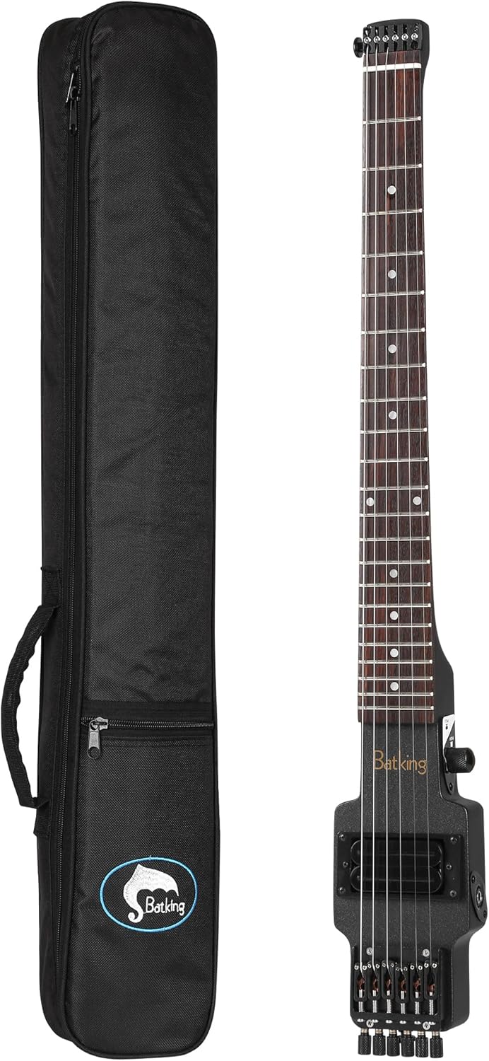 Batking Travel Guitar Electric, Headless Guitar 6 Strings One-piece Canada Maple Neck Through Body Design Brass Fix Bridge with Gigbag