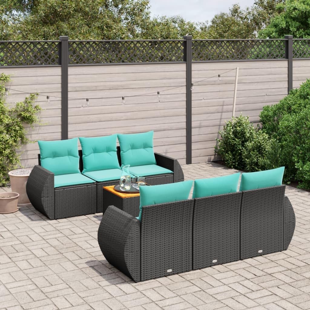 7 Piece Patio Sofa Set with Cushions Black Poly Rattan, Modular Outdoor Furniture with Acacia Wood Tabletop and Waterproof Storage, Durable PE Wicker Seating for Garden