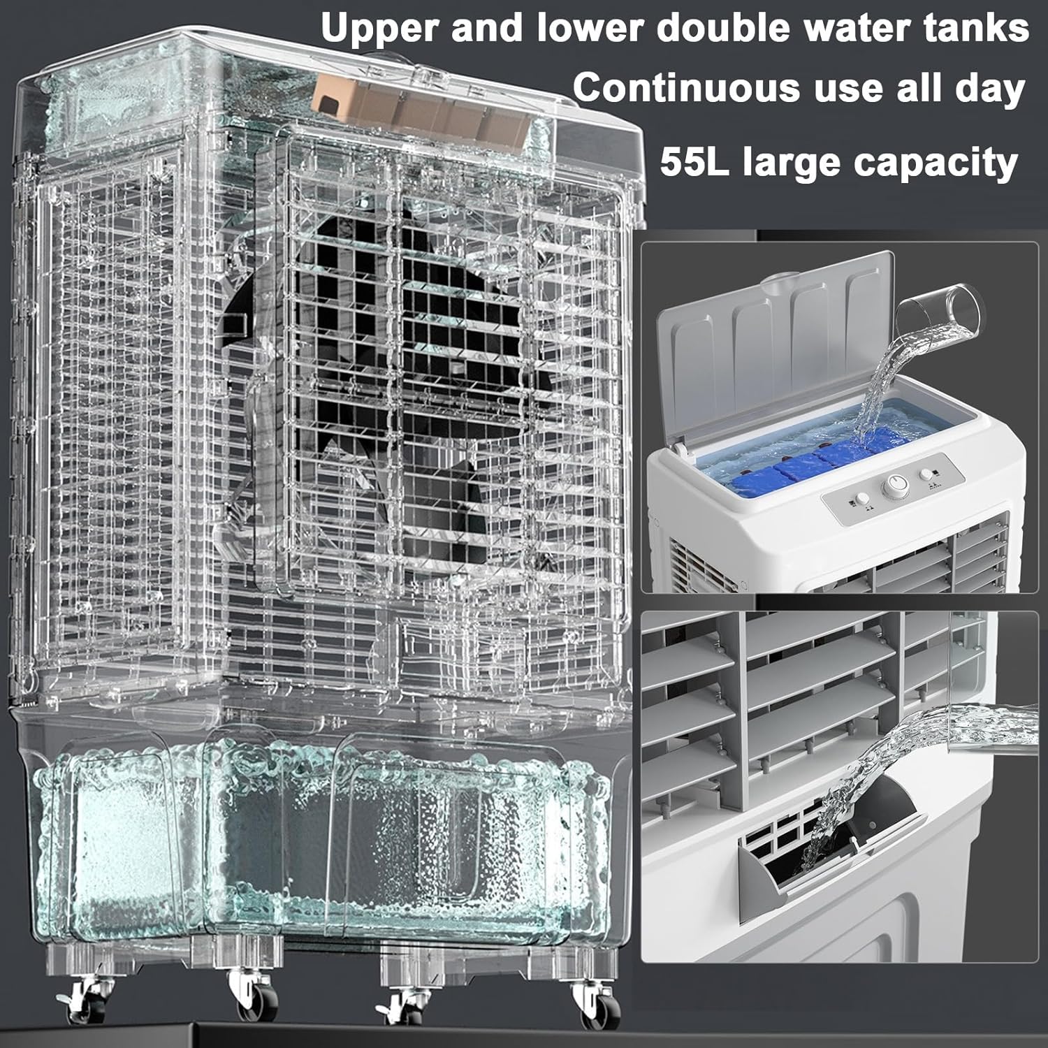 Swamp Cooler with Remote & 8H Timer, 6000CFM Evaporative Air Cooler w/ 13 Gal Water Tank, Portable 3-in-1 Air Conditioner, 3 Speeds & 4 Ice Packs, for Room Garage Patio(50x37x88cm/19.6x14.5x34.6in)