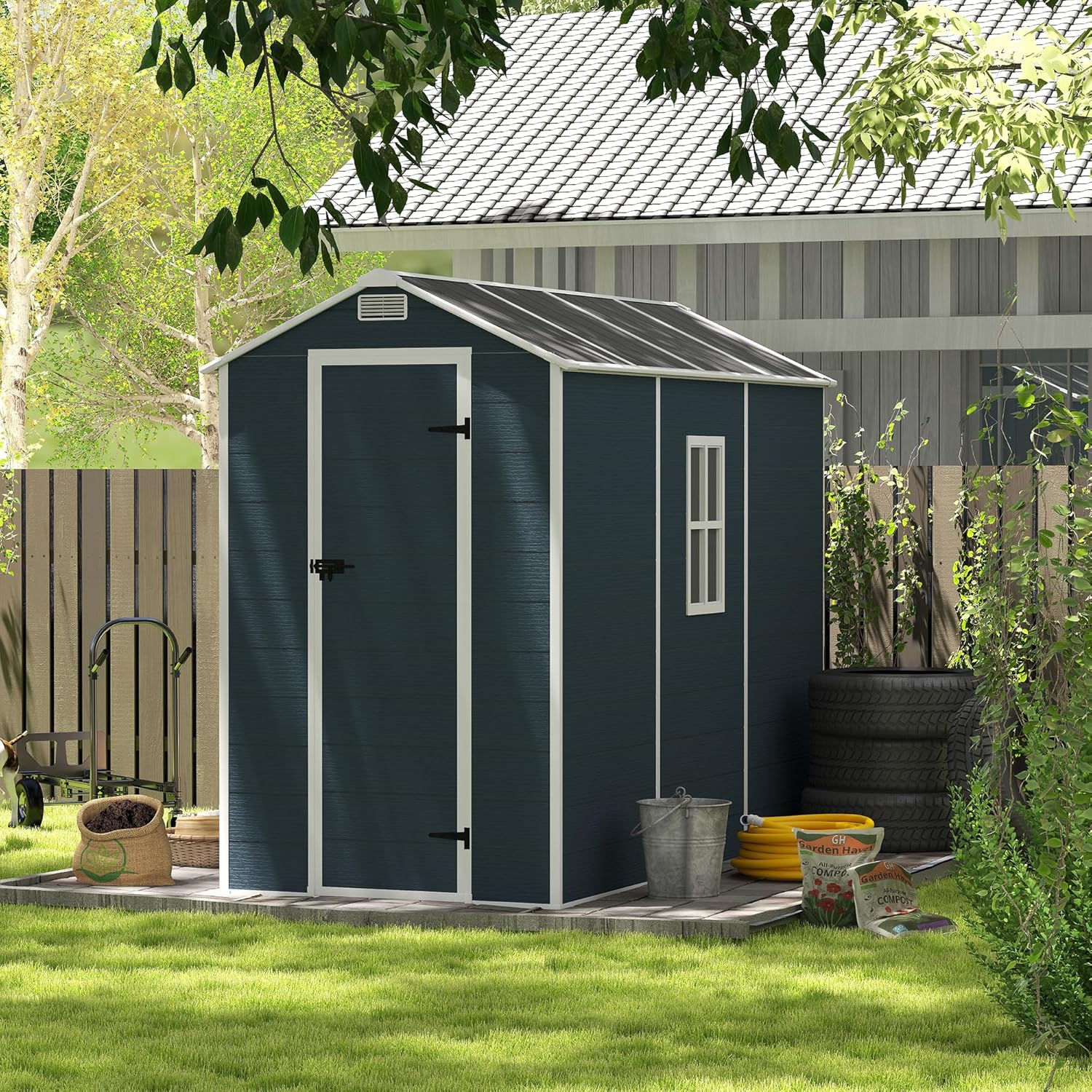 Resin Storage Shed 8x4ft, Outdoor Storage Sheds with Floor, Window, Lockable Doors and Vents, 12mm Thick pp Board, Tool Shed for Bike, Garden, Backyard, Lawn (Dark Gray, 4 * 8ft)
