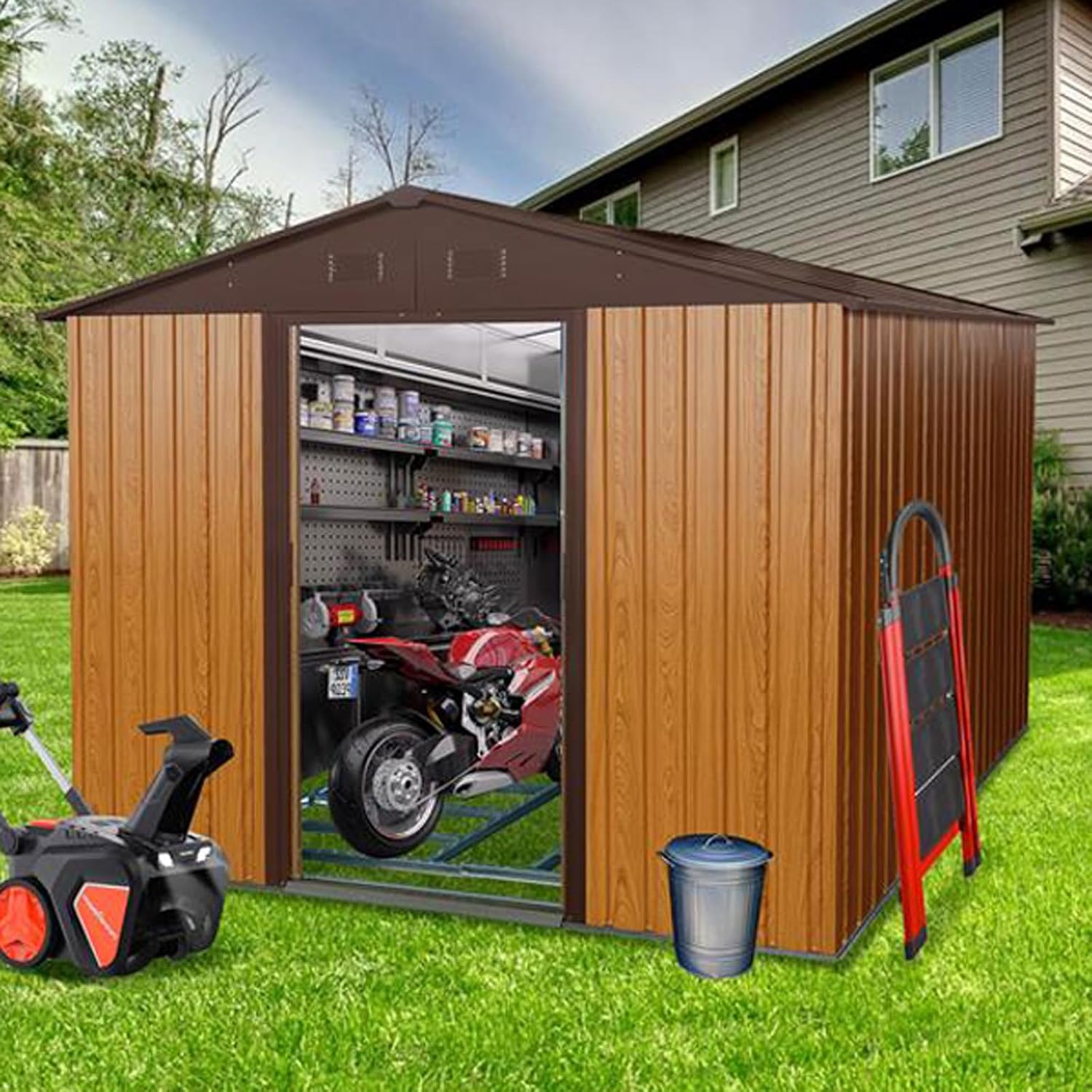 Outdoor Storage Shed Garden Metal Shed with Metal Floor Base and Lockable Doors, Yard Patio Lawn Waterproof Shed for Bike Storage, Tool Storage, Temporary Storage, Coffee Color