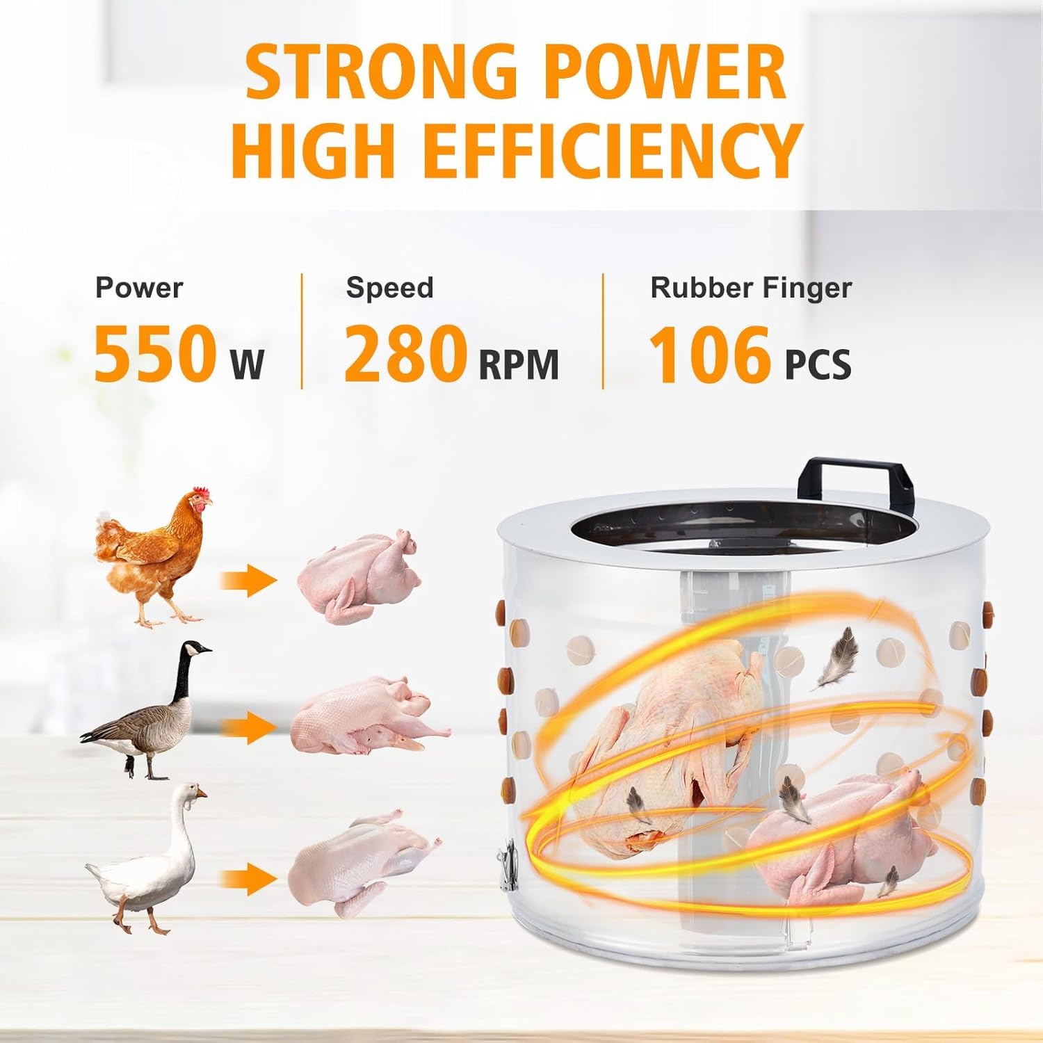 Chicken Plucker Machine, 20-Inch Stainless Steel Drum Poultry Feather with 106 Soft Rubber Plucking Fingers,550w Poultry Plucker with Wheels for Farms, Restaurants, Home