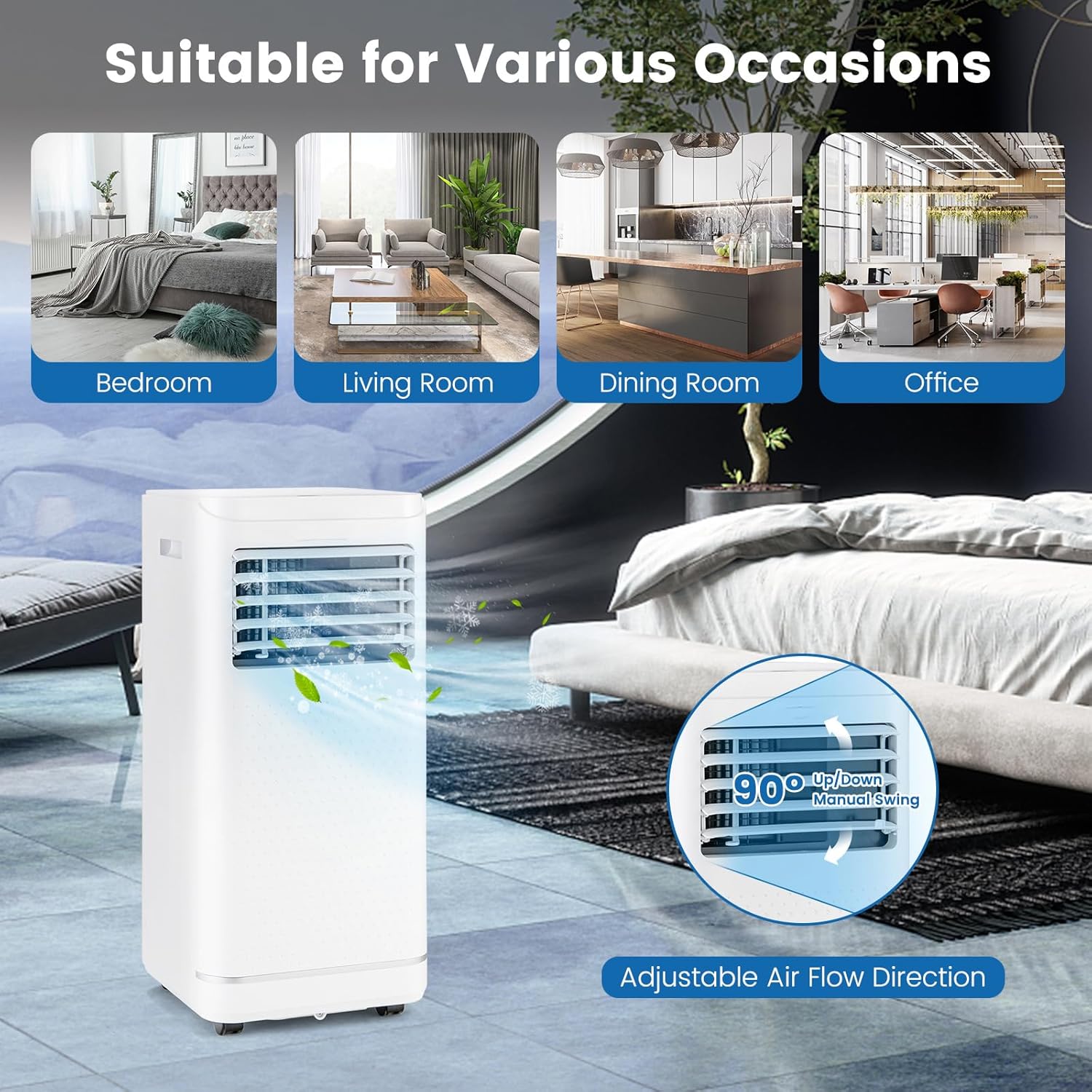 LDAILY Portable Air Conditioner, 3-in-1 Multifunctional Cooling Unit w/Dehumidifier & Fan Mode, Compact Design with Wheels, Child Lock & Timer for Bedroom Office Kitchen, White (8000 BTU)