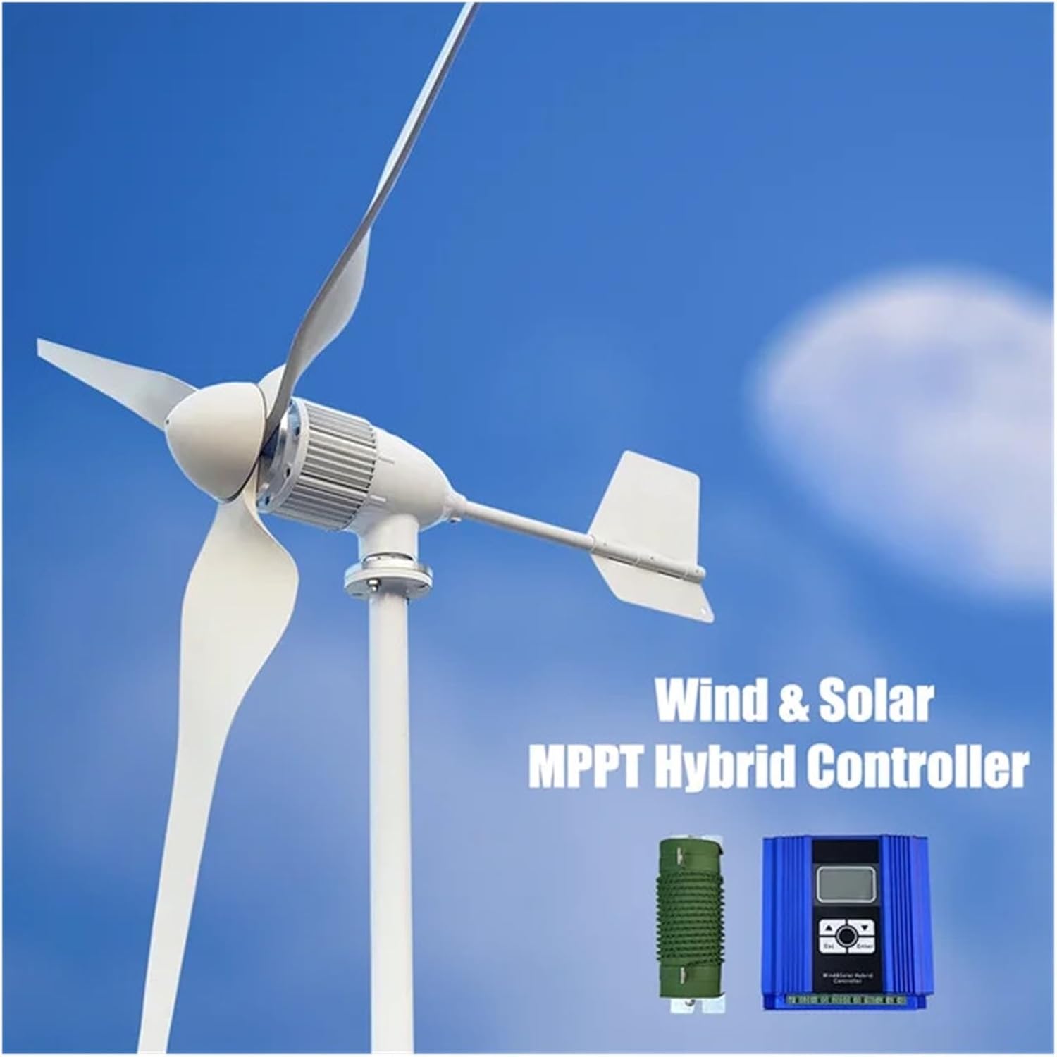 High Power 6KW Horizontal Axis Wind Turbine Generator Magnetic Generator 24V 48V 96V Home Appliance Farm Low Starting Speed for Home(with Hybrid Charger,48V)