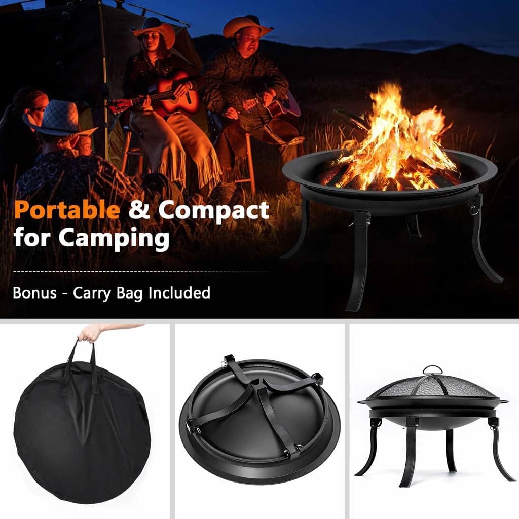 Grills 24inch Portable Fire Pits with 4 Foldable Legs Wood Burning Firepit Steel BBQ Grill Fire Bowl for Outdoor Camping Supply