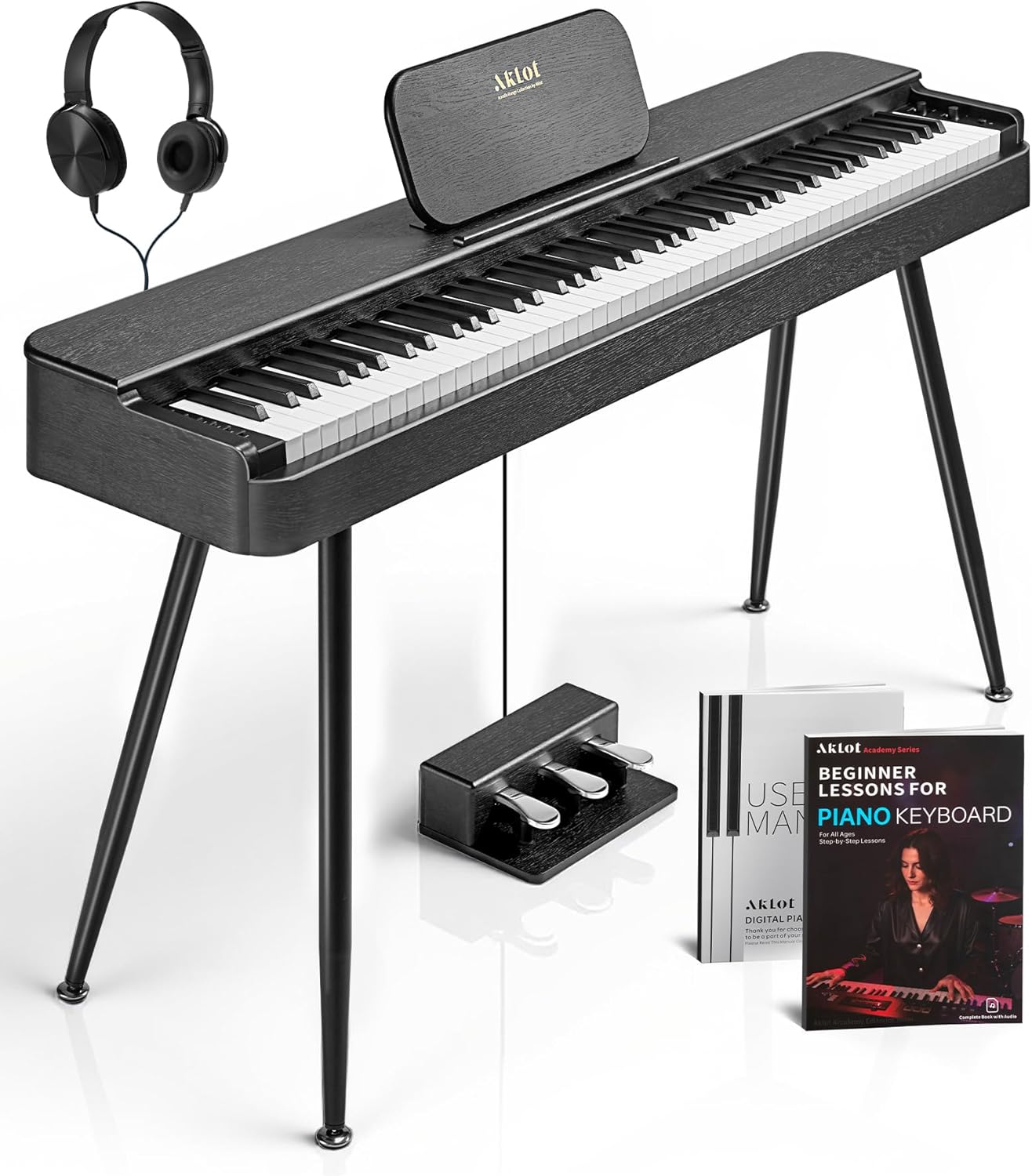 AKLOT Weighted Electric Keyboard Piano: 4 Essential Grand Piano Tone, 88 Graded Hammer Action Key, Round-Edge Design, Triple Pedal System & USB-MIDI Connectivity for Beginner, Home Use,LS01Air Black