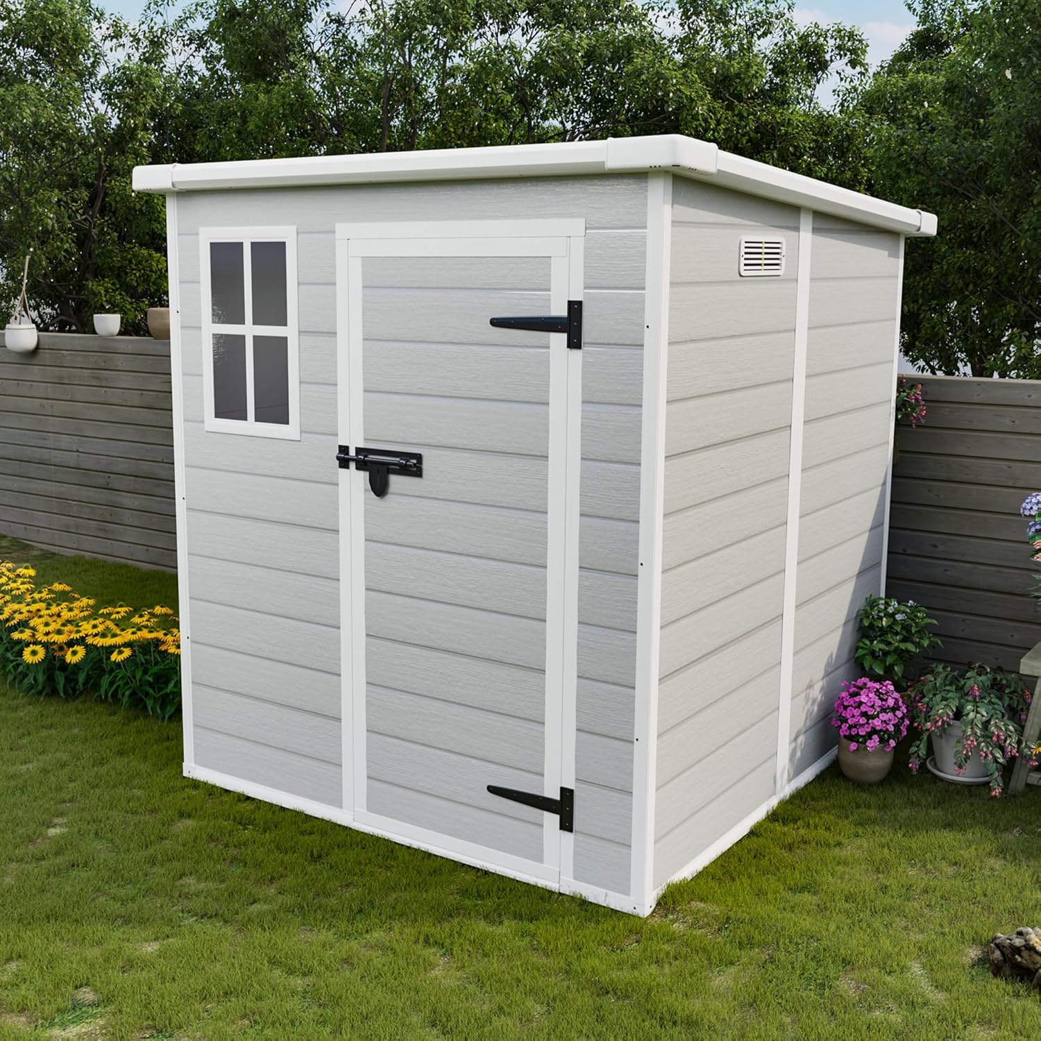 6x6 FT Resin Outdoor Storage Shed with Floor, All-Weather Plastic Shed with Lockable Doors, Window & Vents, Utility Plastic Tool Shed Storage House for Backyard, Patio, Light Grey