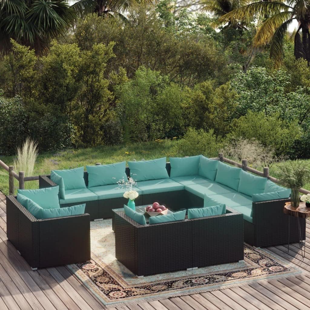 12 Piece Patio Lounge Set with Cushions Black Poly Rattan,Stunning 12Piece PE Rattan Lounge Set: Modern Elegance for Your Outdoor Comfort Patio Furniture Sets, Outdoor Furniture Sets