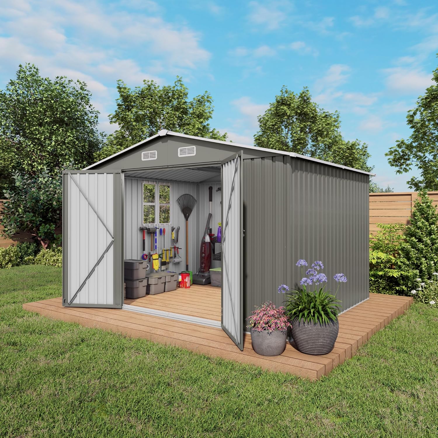10x8 FT Outdoor Metal Storage Shed with Lockable Door & Window - Large 120