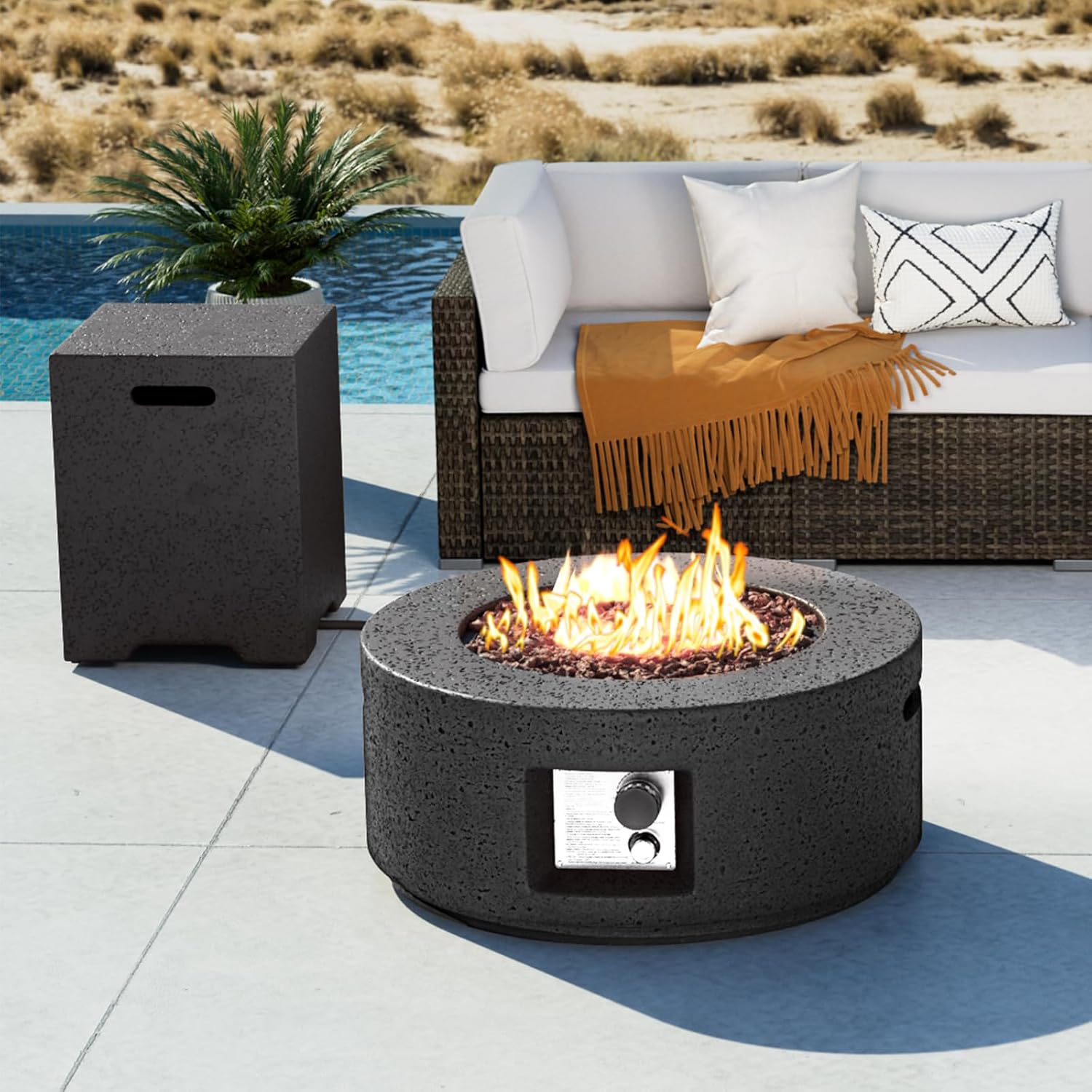 COSIEST Outdoor Propane Fire Pit Coffee Table, 28-inch Magnesium Oxide Round Base Patio Heater, 40,000 BTU Stainless Steel Burner, Free Lava Rocks, Waterproof Cover, Tank Cover, Gray