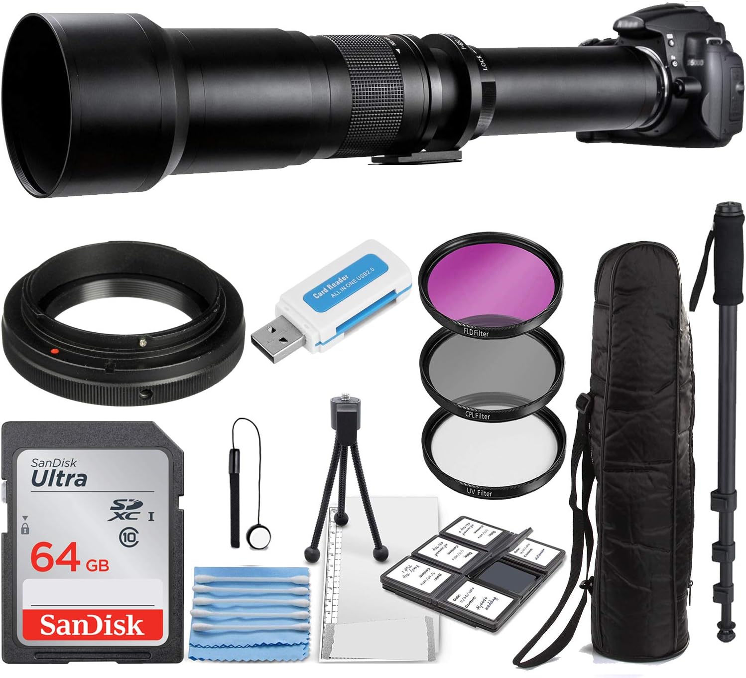 Super 650-1300mm f/8 Manual Telephoto Zoom Lens for Canon EOS EF-S DSLR Cameras with T-Mount + Photo Essential Accessory Kit