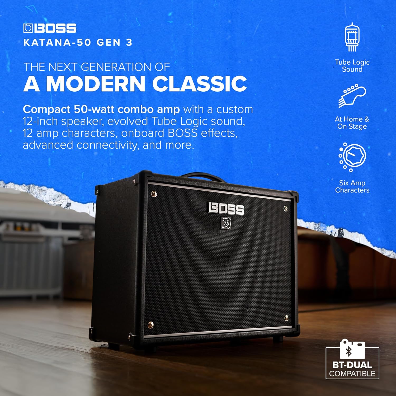 BOSS Katana-50 Gen 3 Guitar Amplifier | Compact 50-Watt Combo Amp | Custom 12-Inch Speaker | Evolved Tube Logic Sound | 12 Amp Characters | Onboard BOSS Effects | Advanced Connectivity & More