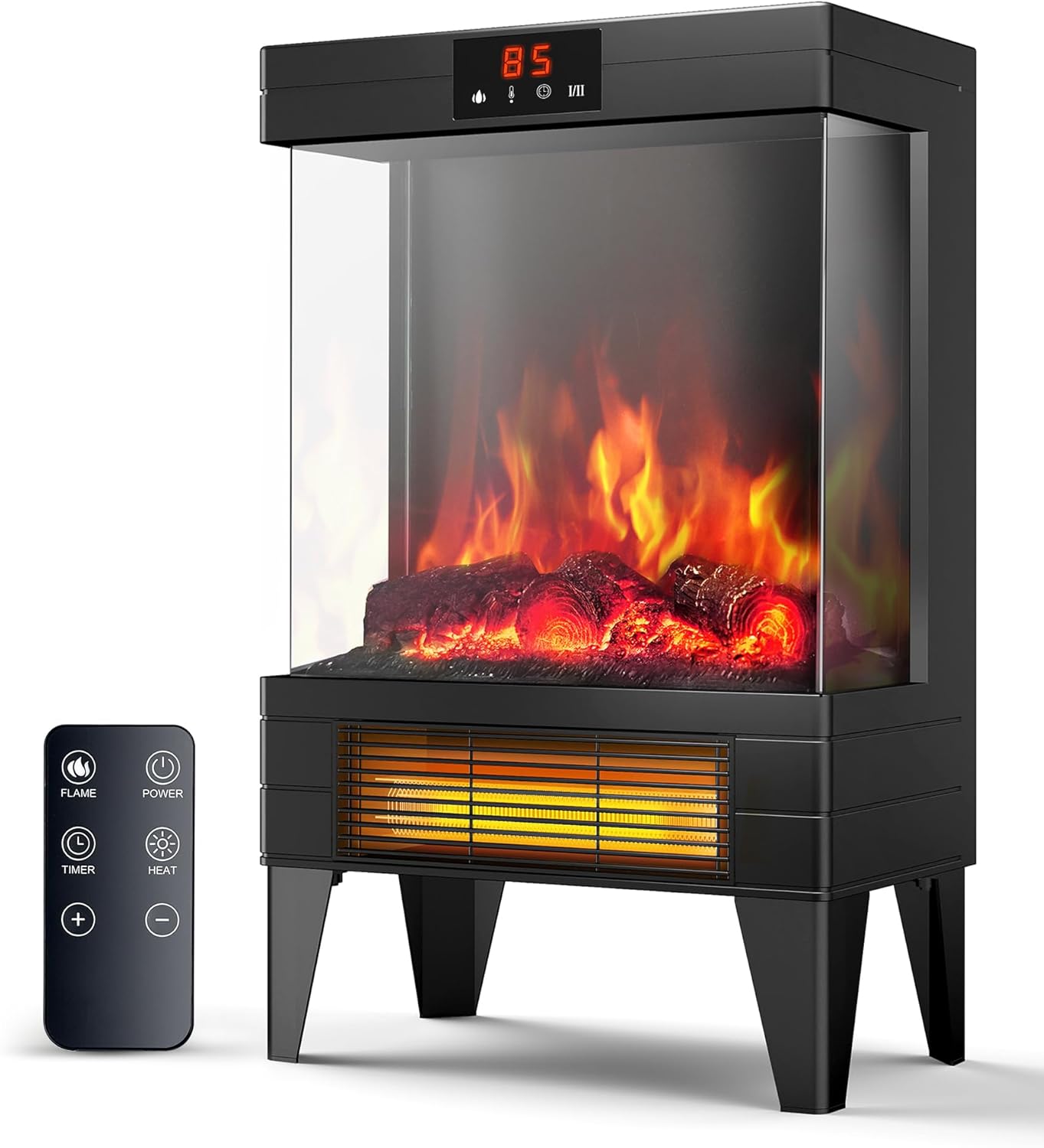 Electric Fireplace Stove Heater - Freestanding Fireplace Heater for Indoor Use with Realistic 3D Flame, Adjustable Thermostat & Remote, Quiet, Timer for Living Room and Bedroom