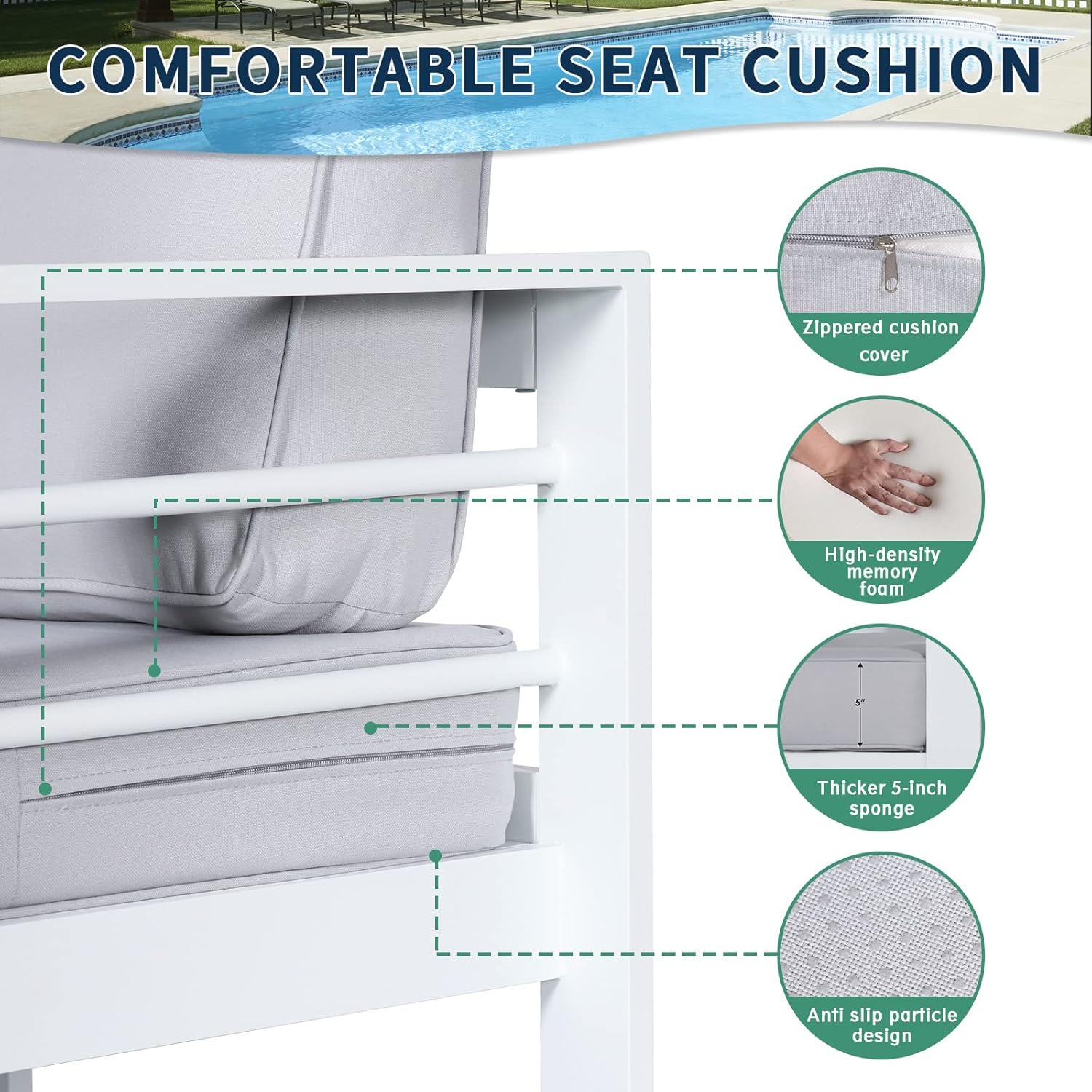 Amopatio Patio Furniture Metal Couch, 3-Seat All-Weather Modern Aluminum Outdoor Sofa Chair w/ 5 Inch Cushions, White and Light Grey (Include Waterproof Sofa Covers)