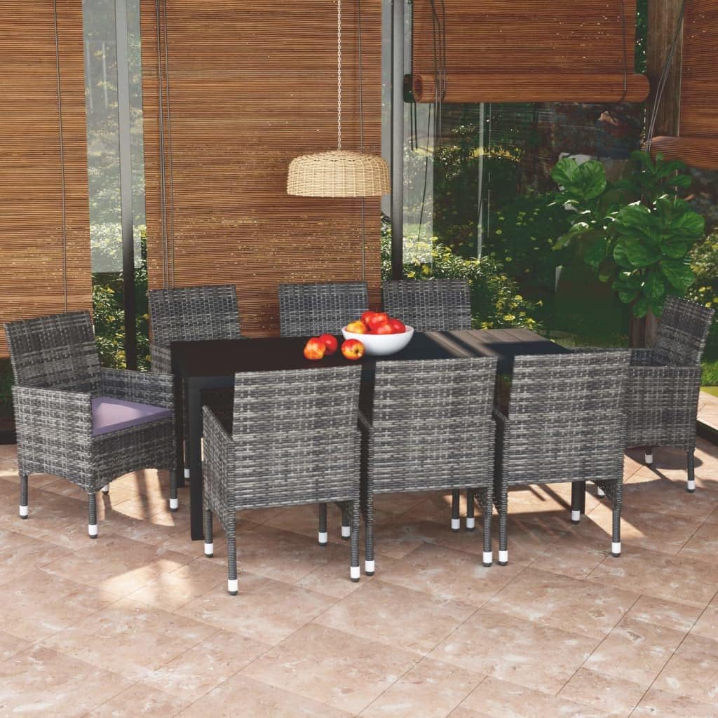9 Piece Patio Dining Set with Cushions Poly Rattan Gray Garden Furniture