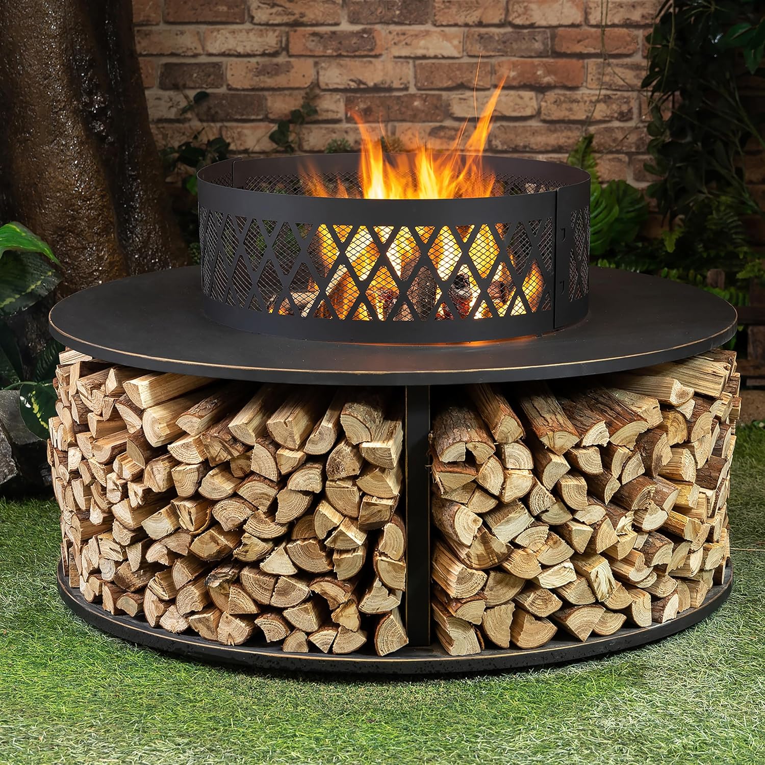 38 Inch Outdoor Fire Pit with Log Storage - Durable Construction, Rust Resistant, Removable Fire Grill and Fire Pan and Includes Fire Hook