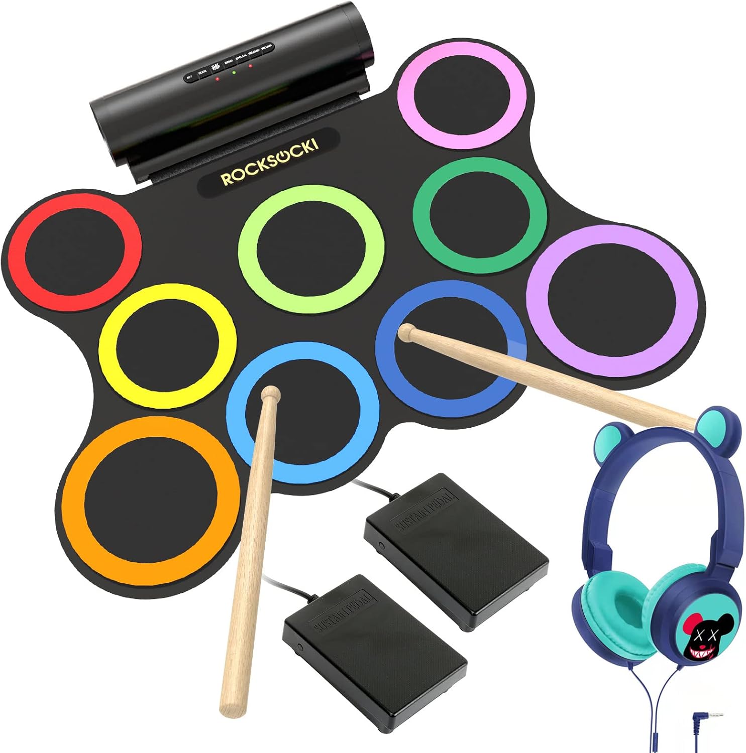 ROCKSOCKI Electric Drum Set 9-Pad With Headphone, Bigger Roll-up Drum Pad USB MIDI Game, Built-in Speaker, Drum Sticks, Foot Pedals 10 Hours Playtime Holiday Xmas Birthday Gift for Kids