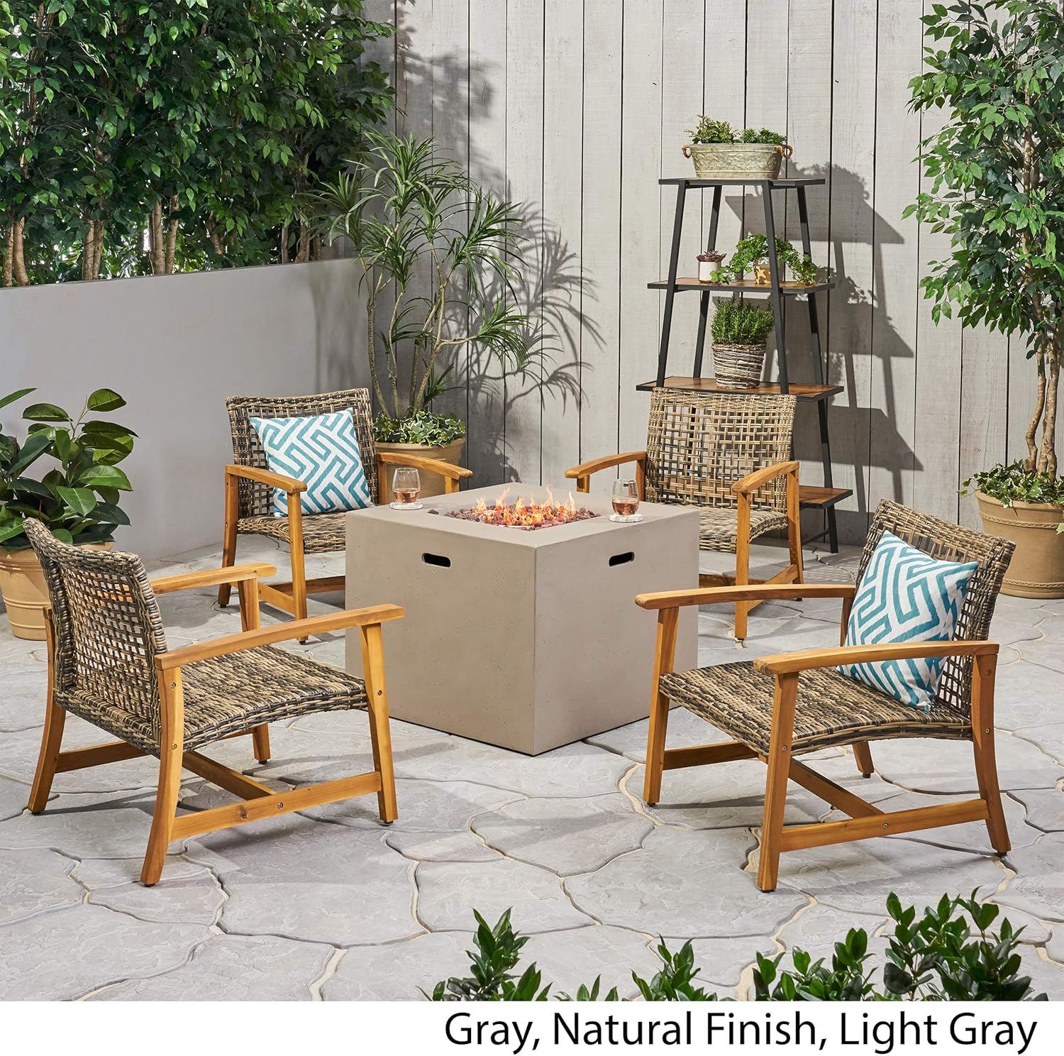 GDFStudio Outdoor 5 Piece Wood and Wicker Club Chairs and Fire Pit Set, Gray and Light Gray