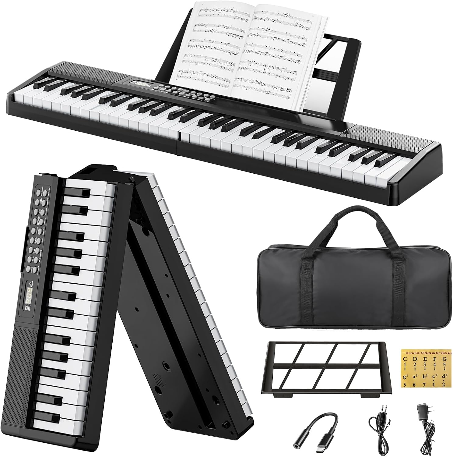Electronic Piano Keyboard,Foldable 61 Key Digital Pianos with Power Adapter,Sheet Music Stand,Sticker,Bag,Gift for Beginners,Black