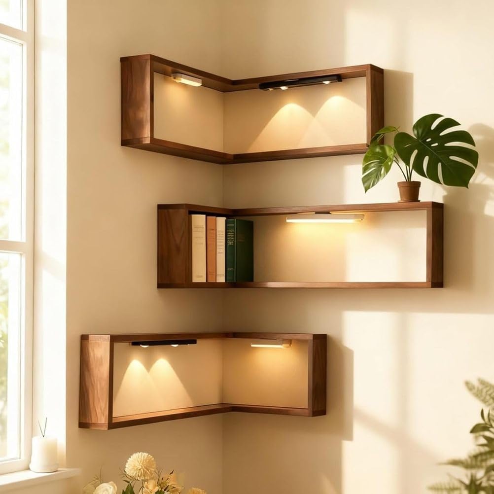 TBQATNTS Smart Corner Shelves, Set of 3 – Wooden Floating Corner Storage Shelves for Wall Mount, Space-Saving Display Rack for Home Décor (LED Light Not Included)