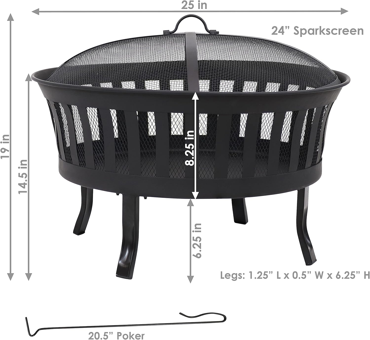 Sunnydaze 25-Inch Steel Wood-Burning Fire Pit with Mesh Stripe Cutouts - Includes Poker and Spark Screen